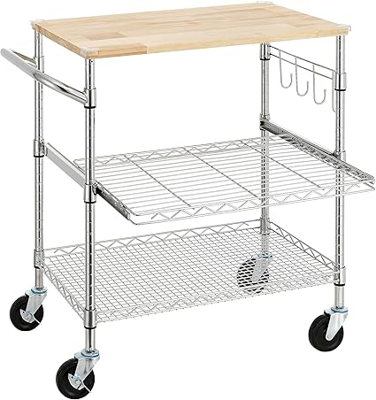 Finnhomy 3-Tier Rolling Kitchen Cart With 18" D x 30" W Oak Wood Tabletop, Kitchen Island With 4" Wheels and Slider Shelf, Microwave & Coffee Cart With Hooks for Dining Room, Chrome