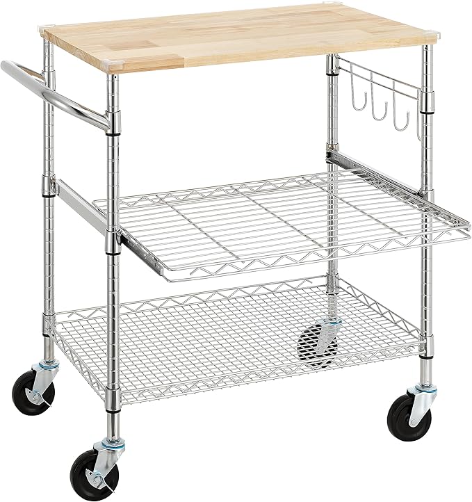 Finnhomy 3-Tier Rolling Kitchen Cart With 18" D x 30" W Oak Wood Tabletop, Kitchen Island With 4" Wheels and Slider Shelf, Microwave & Coffee Cart With Hooks for Dining Room, Chrome