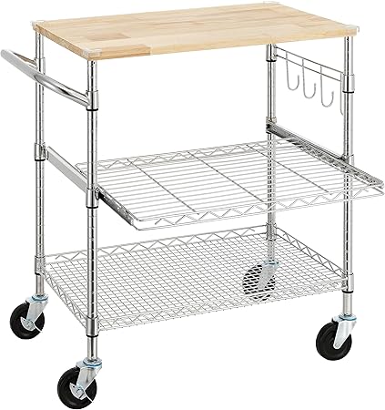 Finnhomy 3-Tier Rolling Kitchen Cart With 18" D x 30" W Oak Wood Tabletop, Kitchen Island With 4" Wheels and Slider Shelf, Microwave & Coffee Cart With Hooks for Dining Room, Chrome