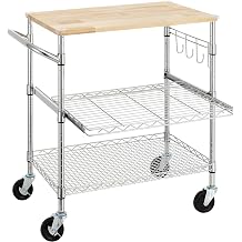 Finnhomy 3-Tier Rolling Kitchen Cart With 18" D x 30" W Oak Wood Tabletop, Kitchen Island With 4" Wheels and Slider Shelf, Microwave & Coffee Cart With Hooks for Dining Room, Chrome