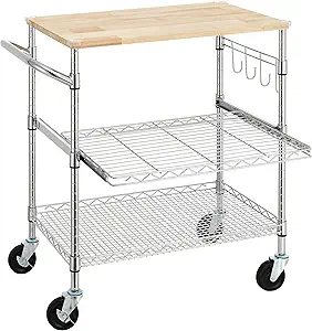 Finnhomy 3-Tier Rolling Kitchen Cart With 18" D x 30" W Oak Wood Tabletop, Kitchen Island With 4" Wheels and Slider Shelf, Microwave & Coffee Cart With Hooks for Dining Room, Chrome