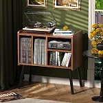 Record Player Table, Mid-Century Record Player Stand with Vinyl Storage Hold Up to 150+ Albums, Vinyl Record Cabinet with Adjustable Shelves, Wood Turntable Stand for Music Living Room, (Brown)