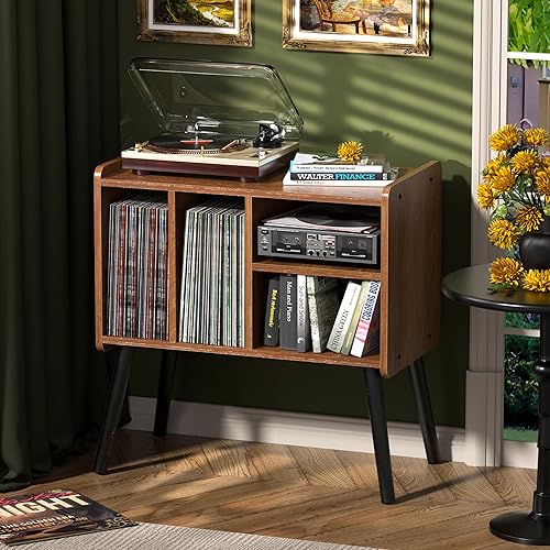 Miniatura 12 de Mesa para tocadiscos, soporte para tocadiscos de mediados de siglo con almacenamiento de vinilos con capacidad para más de 150 álbumes, gabinete