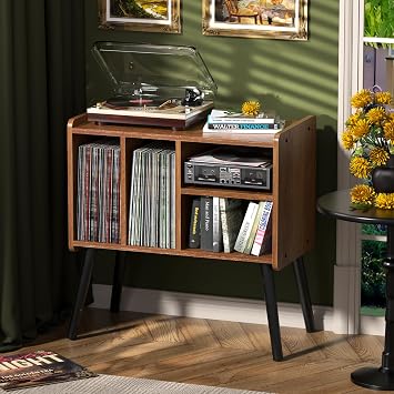 Record Player Table, Mid-Century Record Player Stand with Vinyl Storage Hold Up to 150+ Albums, Vinyl Record Cabinet with Adjustable Shelves, Wood Turntable Stand for Music Living Room Oak