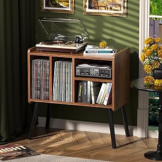 Record Player Table, Mid-Century Record Player Stand with Vinyl Storage Hold Up to 150+ Albums, Vinyl Record Cabinet with Adjustable Shelves, Wood Turntable Stand for Music Living Room (Oak)