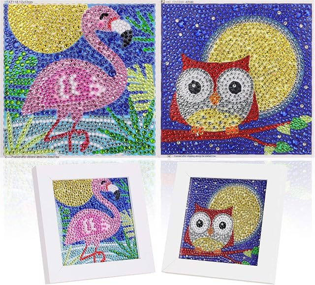 2 Pack DIY 5D Diamond Paste Painting by Number Kit for Children,MWOOT Full Drill Diamond Dots Cross Stitch Beginners Art Crafts Kits,Kids Gift for Home Wall Decor 12x12CM (Flamingo + Owl)
