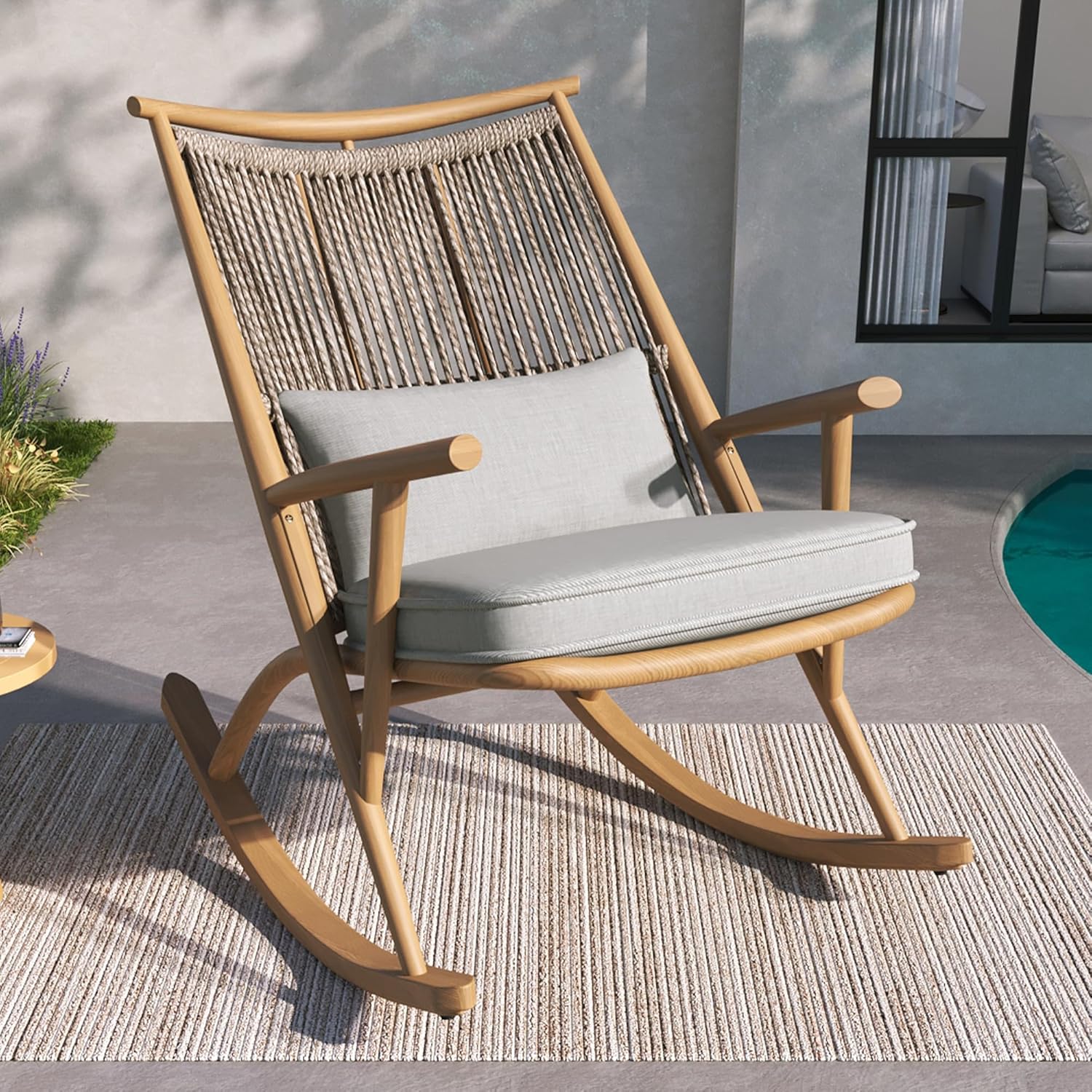 Outdoor Rocking Chair, Iron Frame Patio PE Rattan Backrest Chaise Lounge Chair with Cushions, Comfort Rocker for Backyard Balcony Porch Wicker Rocker