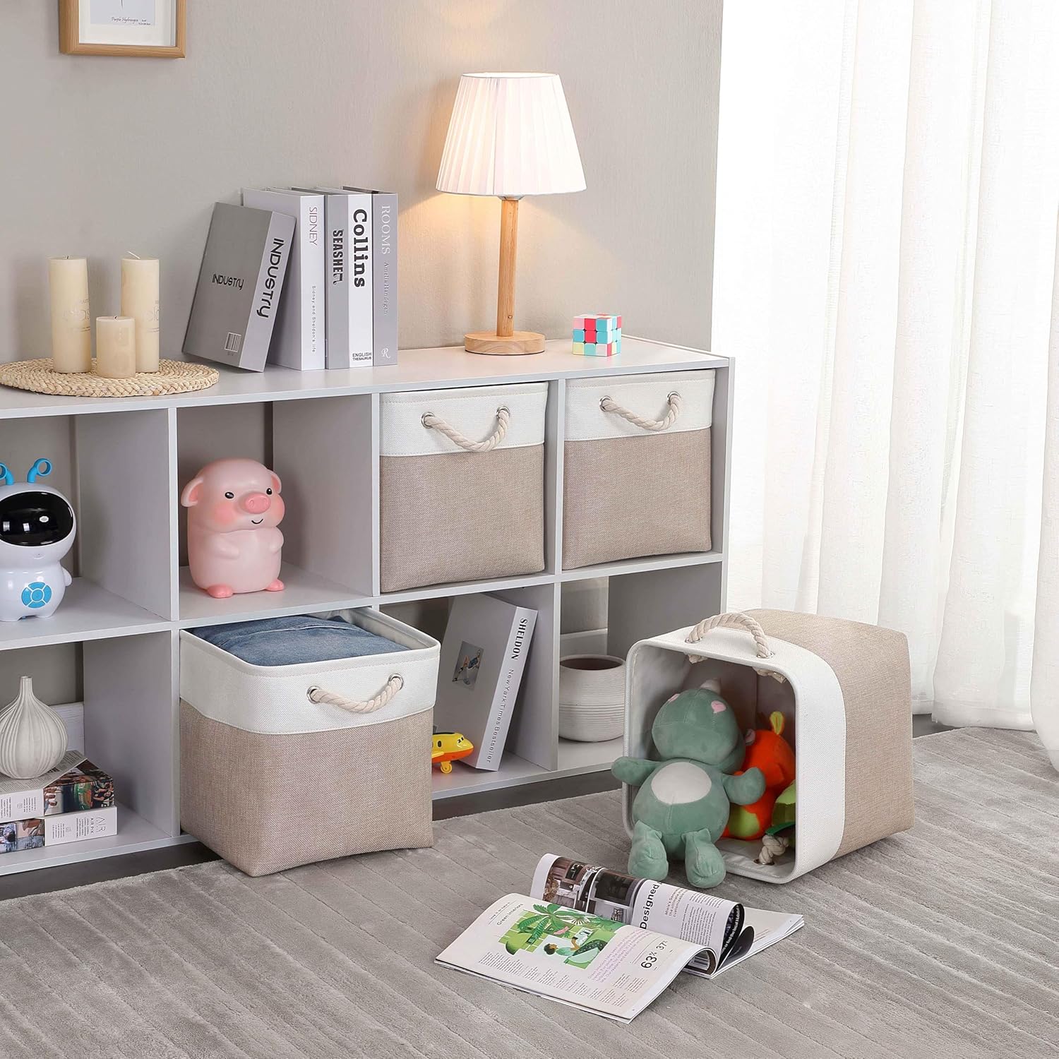 Mangata Cube Storage Boxes 25x25x25cm, Fabric Storage Basket for Cupboards, Shelves, Closet, Light Khaki White（3 Pack）