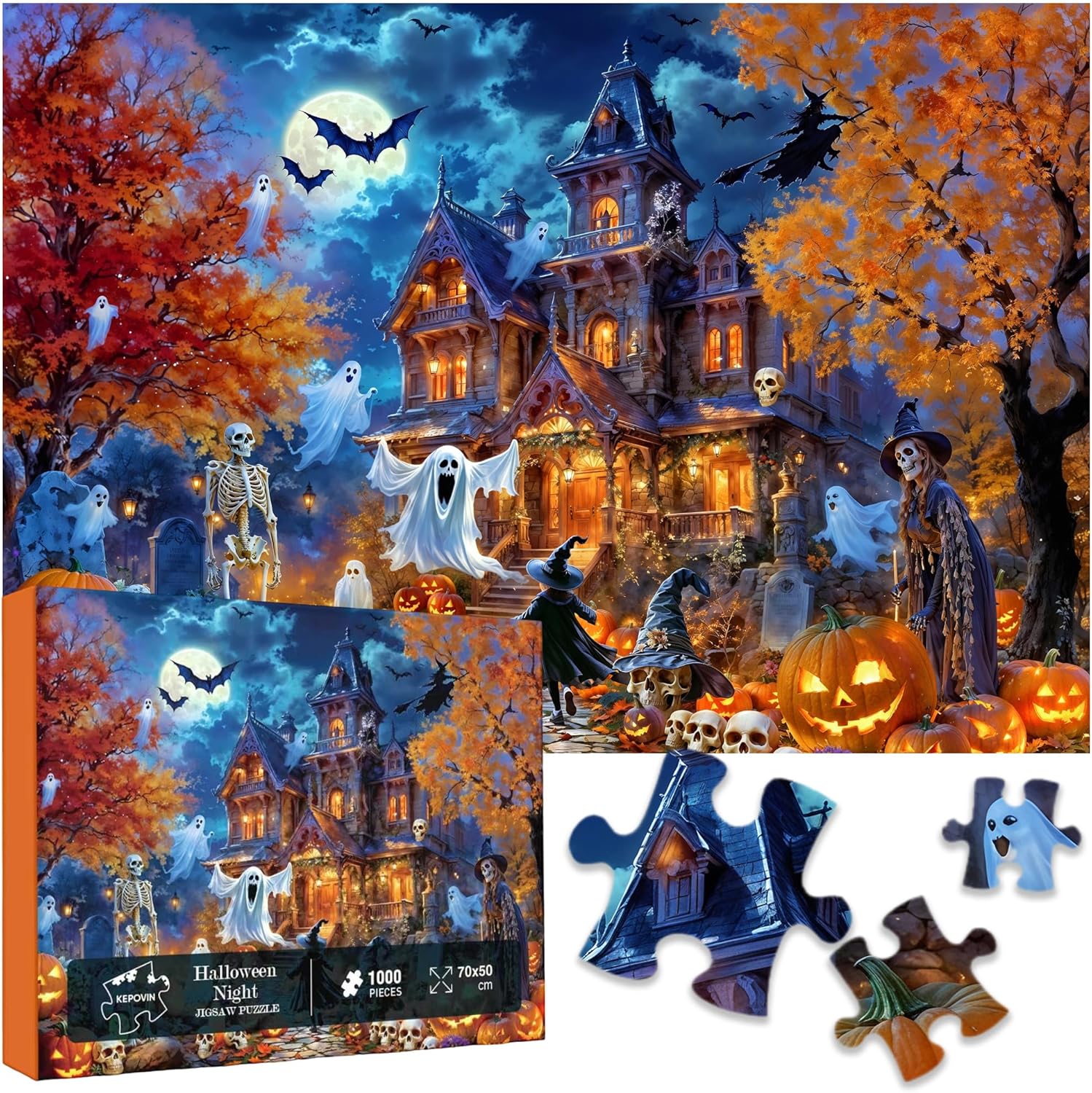 Halloween Night Jigsaw Puzzle for Adults 1000 Pieces-Haunted House Pumpkin,Witch,Skeleton,Ghosts & Batstheme Puzzles Spooky Night Sky Puzzle-for Holiday Party Gifts or Decorations