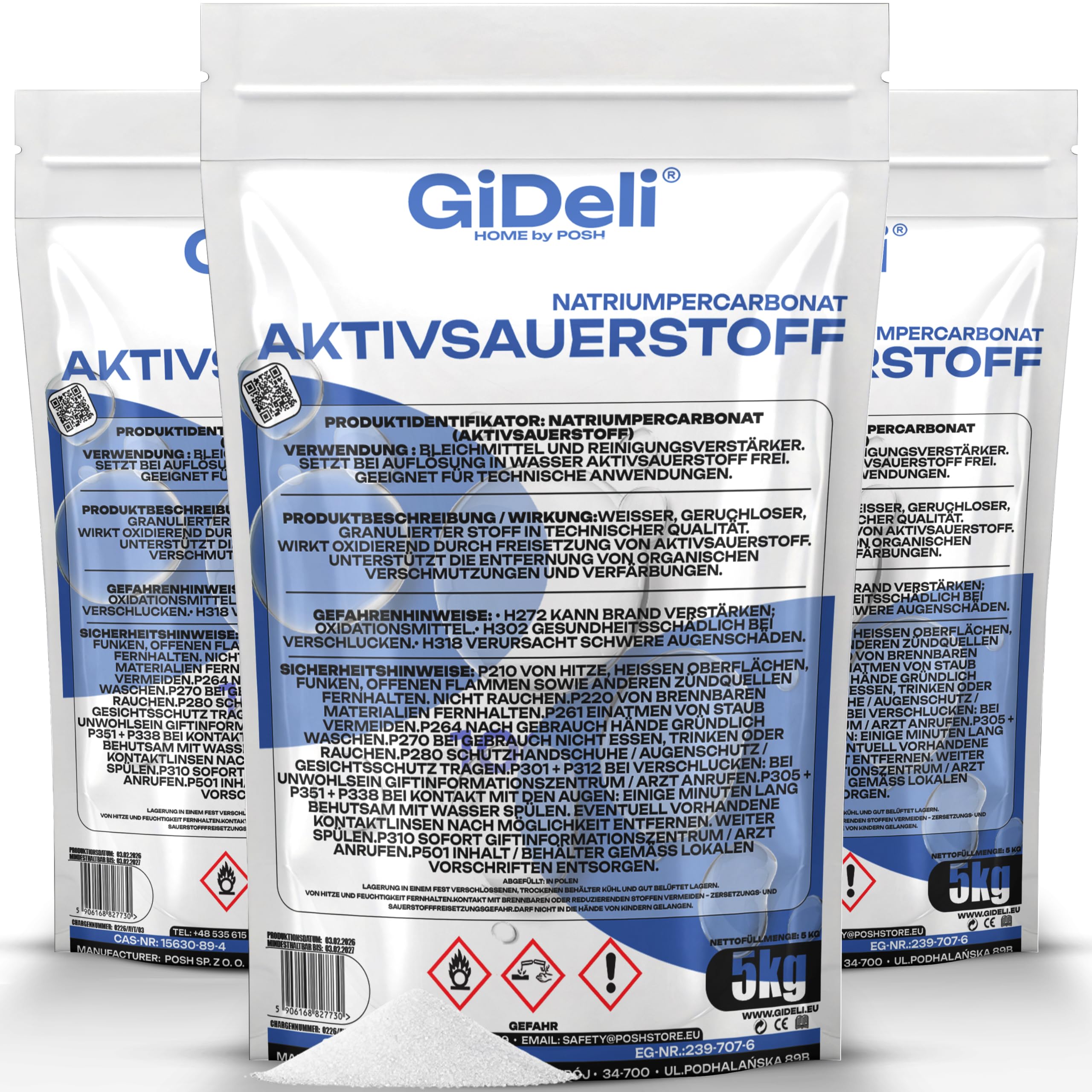 GiDeli Natriumpercarbonat 3 x 5 kg - Sauerstoffbleiche für weiße Wäsche | für Pensionen und Ferienwohnungen, hält Bettwäsche und Frottierware dauerhaft hell