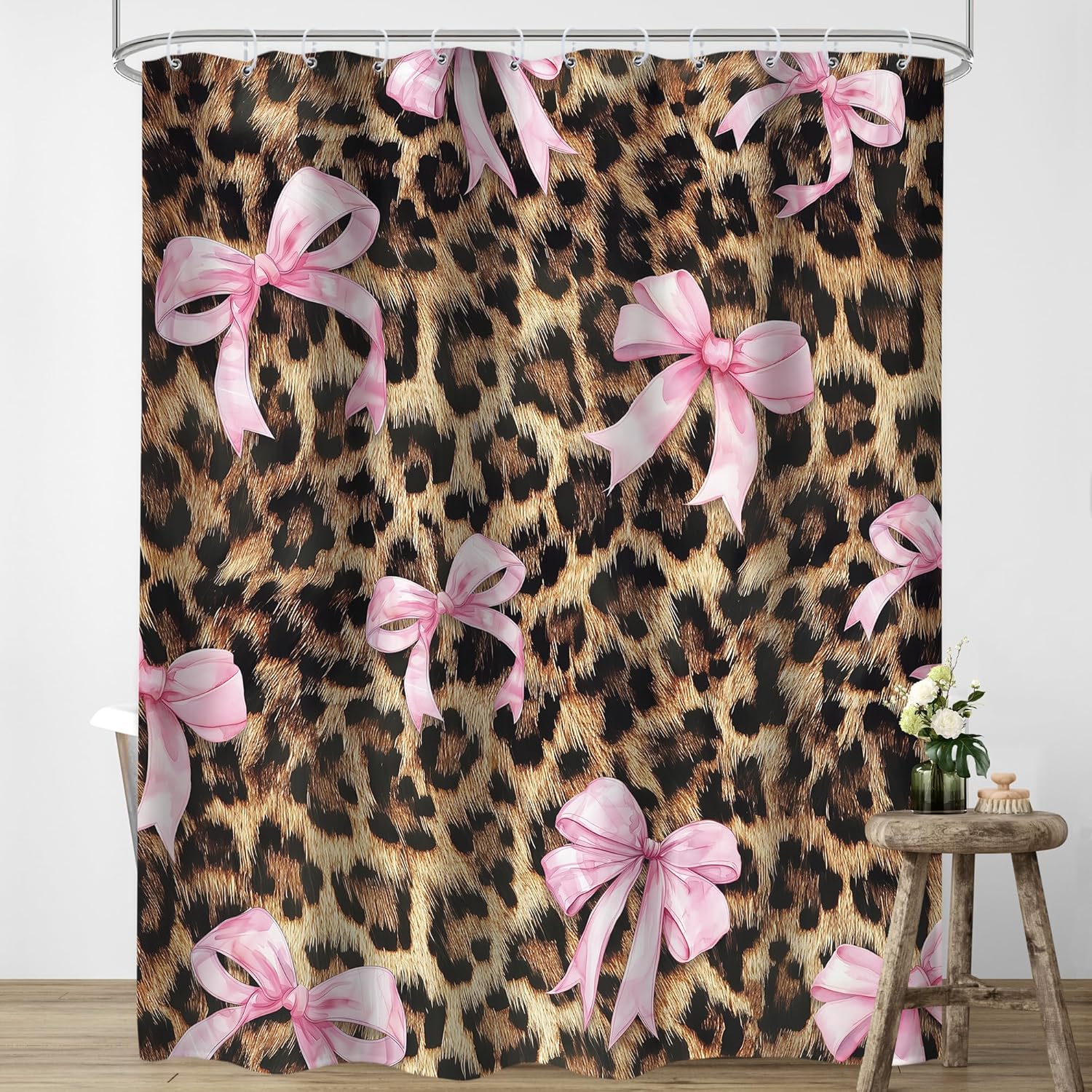 LIGHTINHOME Extra Long Pink Bow Leopard Print Shower Curtain 72Wx96H Inches Retro Brown Wild Safari Skin Bownot Fashion Girly Sweet Cloth Fabric Waterproof Polyester Bathroom Home Decor Set with Hooks