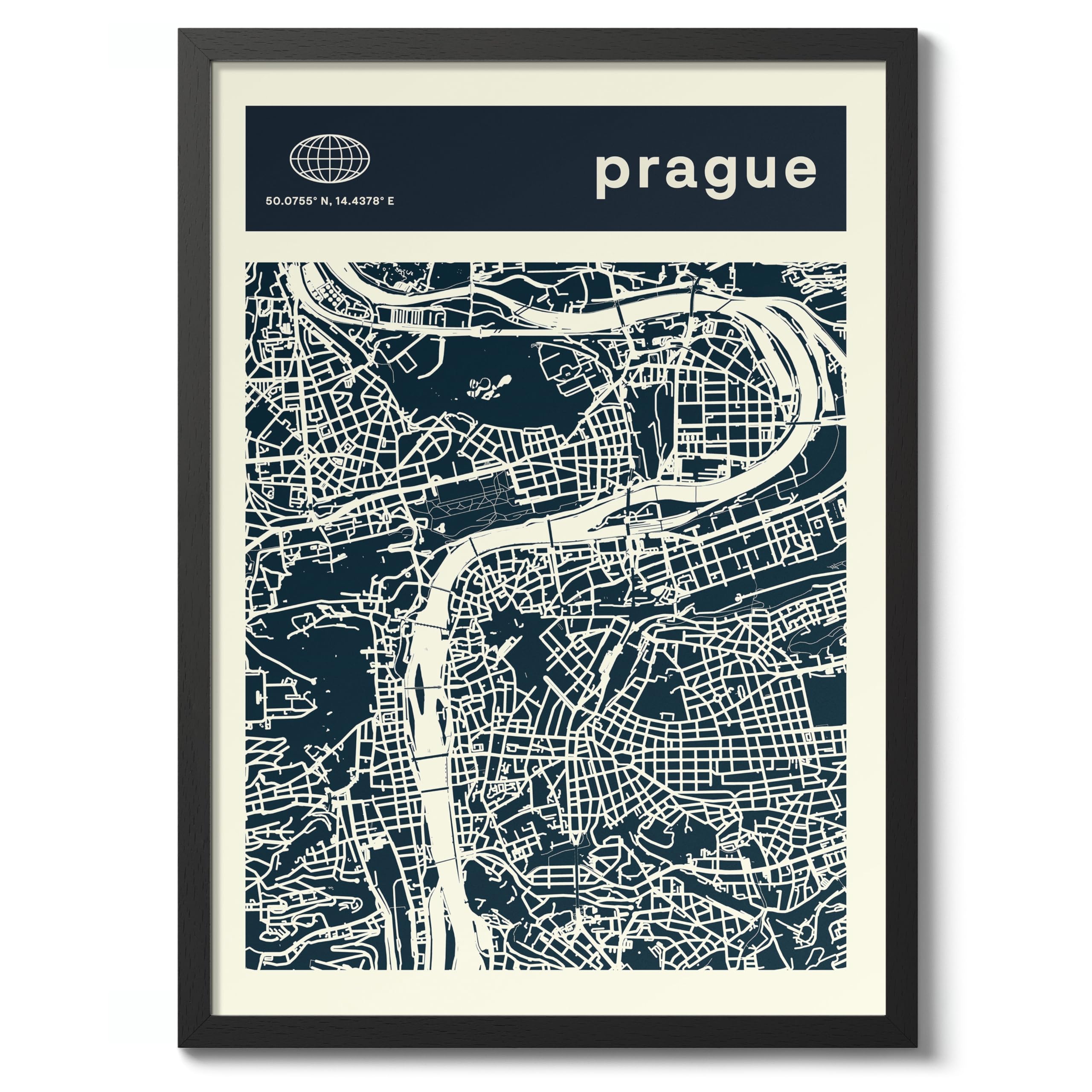Prague Minimalist City Maps Poster, City Coordinates Print, Landmark Apartment Home Decor, A2 (Black Frame) - 62.5x45.1cm