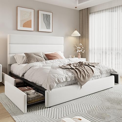Miniatura 9 de Allewie Base de cama moderna de tamaño matrimonial con 4 cajones de almacenamiento y cabecera tapizada de terciopelo, soporte de listones de madera,