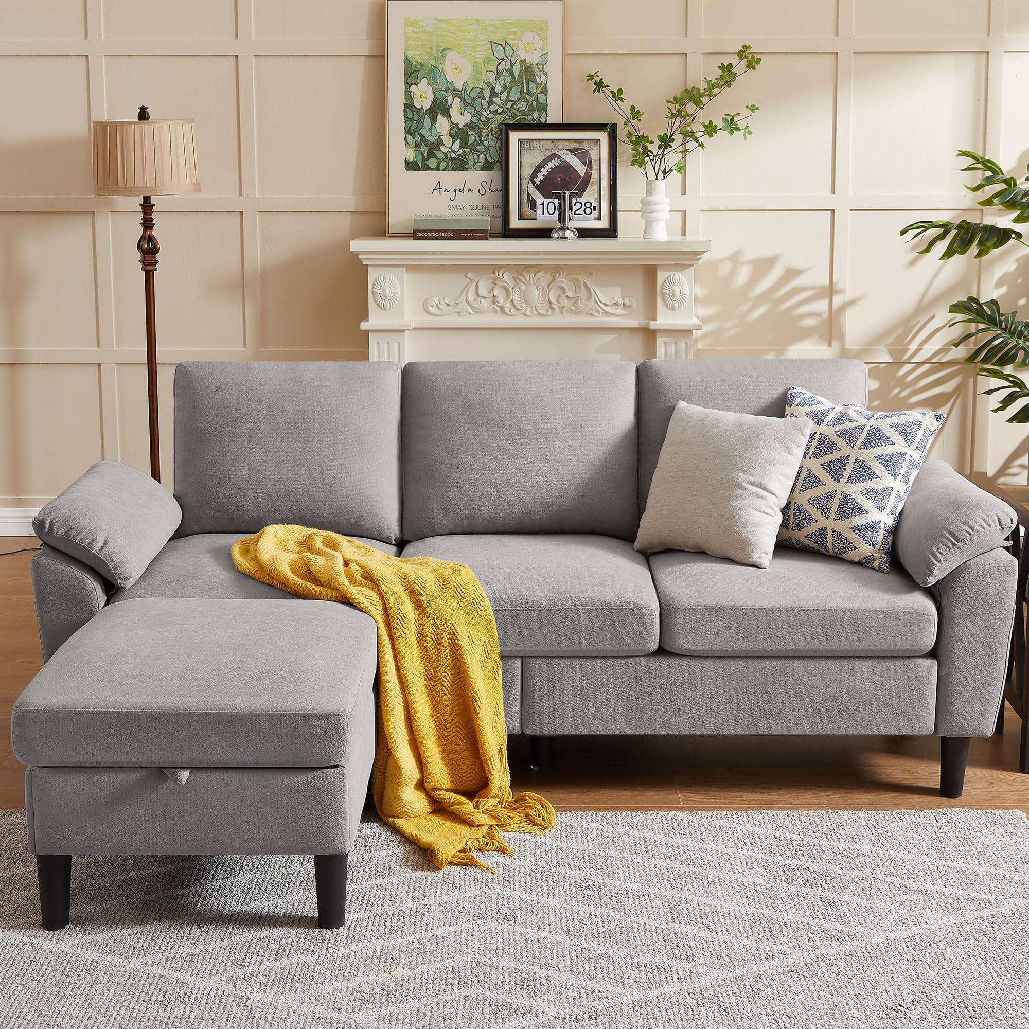 79" Convertible Sectional Sofa, Modern Linen Small L Shaped Couch with Reversible Chaise and Storage Ottoman, 3-Seat Sofa Couches for Living Room, Office, Apartment, Light Grey