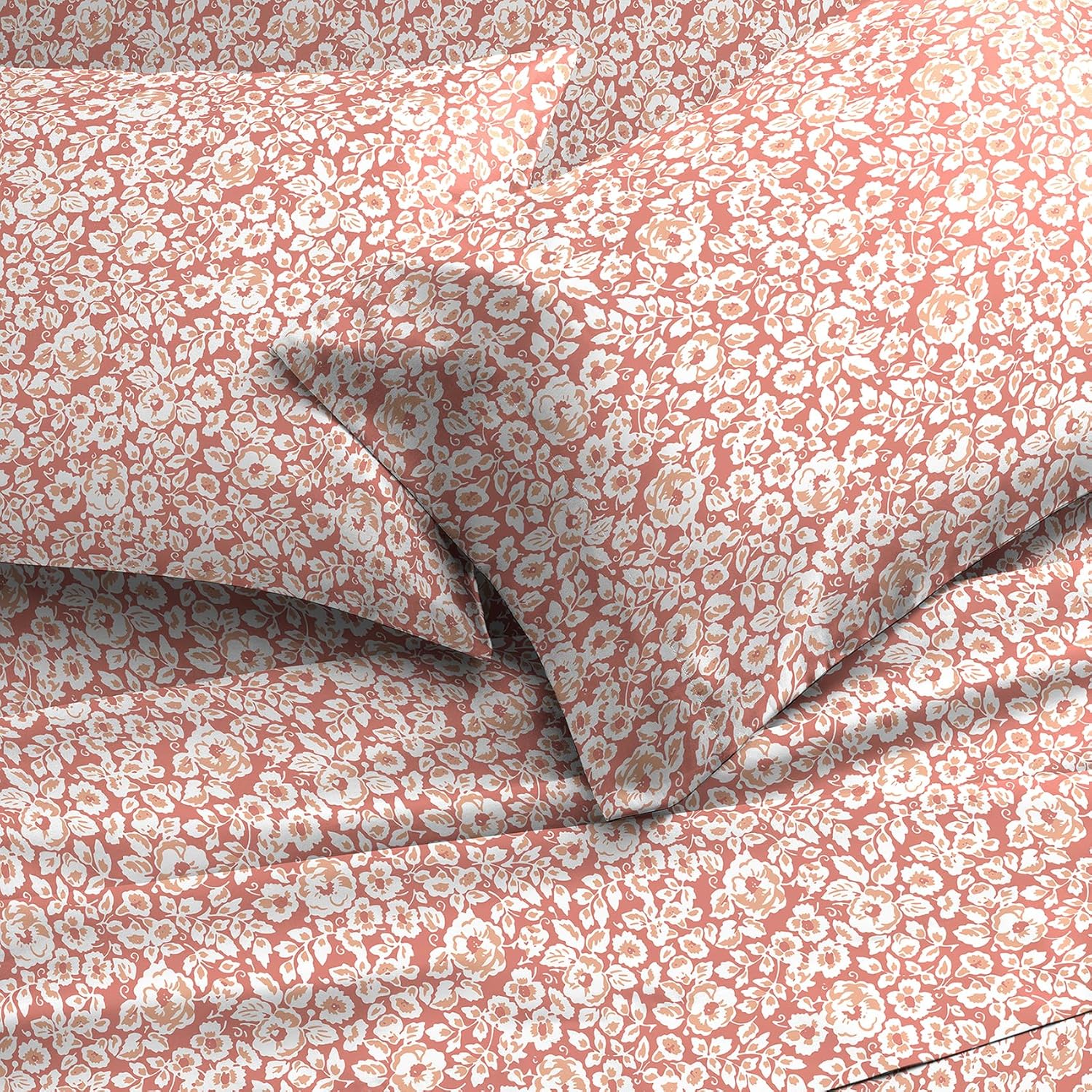 Welhome 100% Cotton Percale 4-Piece Queen Size Printed Bed Sheets Set, 1 Fitted, 1 Flat Sheet with 2 Pillowcases, Imprint Floral in Orange Imprint Floral in Terra Cotta Queen image 9 of 9 B0DWMRG5Q3