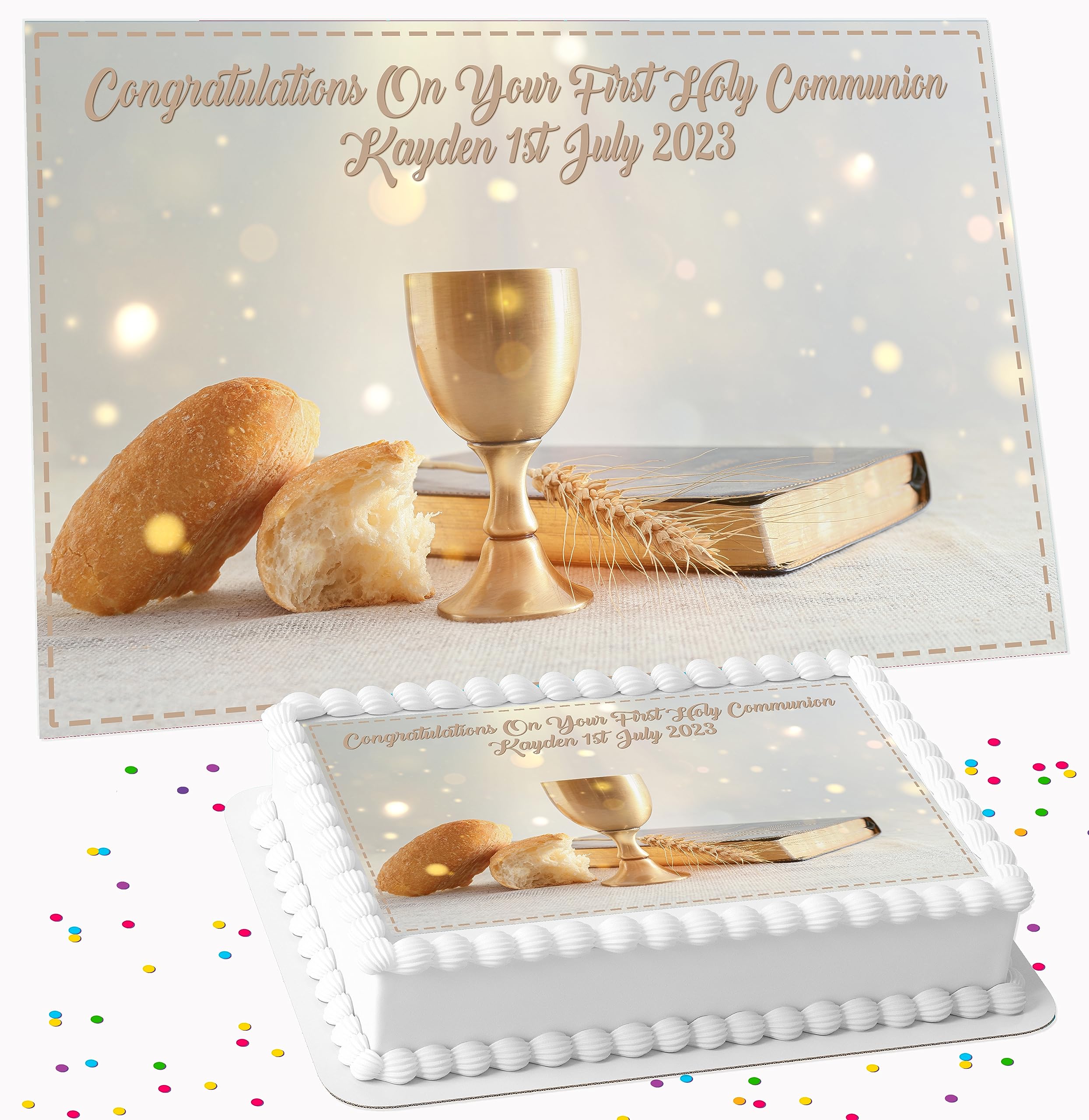 HOLY COMMUNION PERSONALISED ICING EDIBLE LARGE CAKE TOPPER DECORATION SUITABLE FOR USE ON COSTCO CAKE R1-384