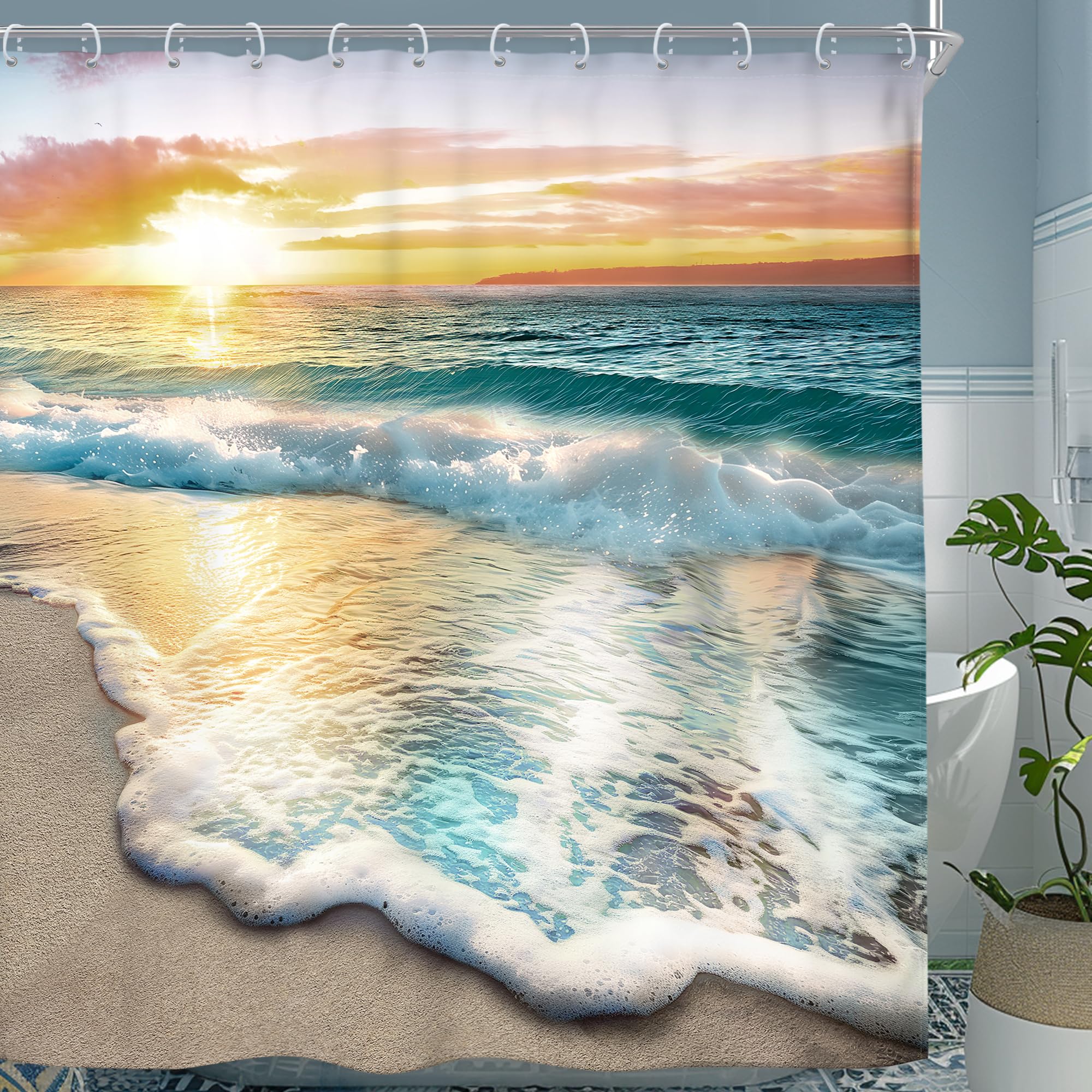 Riyidecor Ocean Beach Look Nature Scene Shower Curtain for Bathroom Sunrise Sunset 60 x 72 Inch Coastal Hawaiian Summer Sea Wave Seaside Island Blue Fabric Set Waterproof BB-JWXP