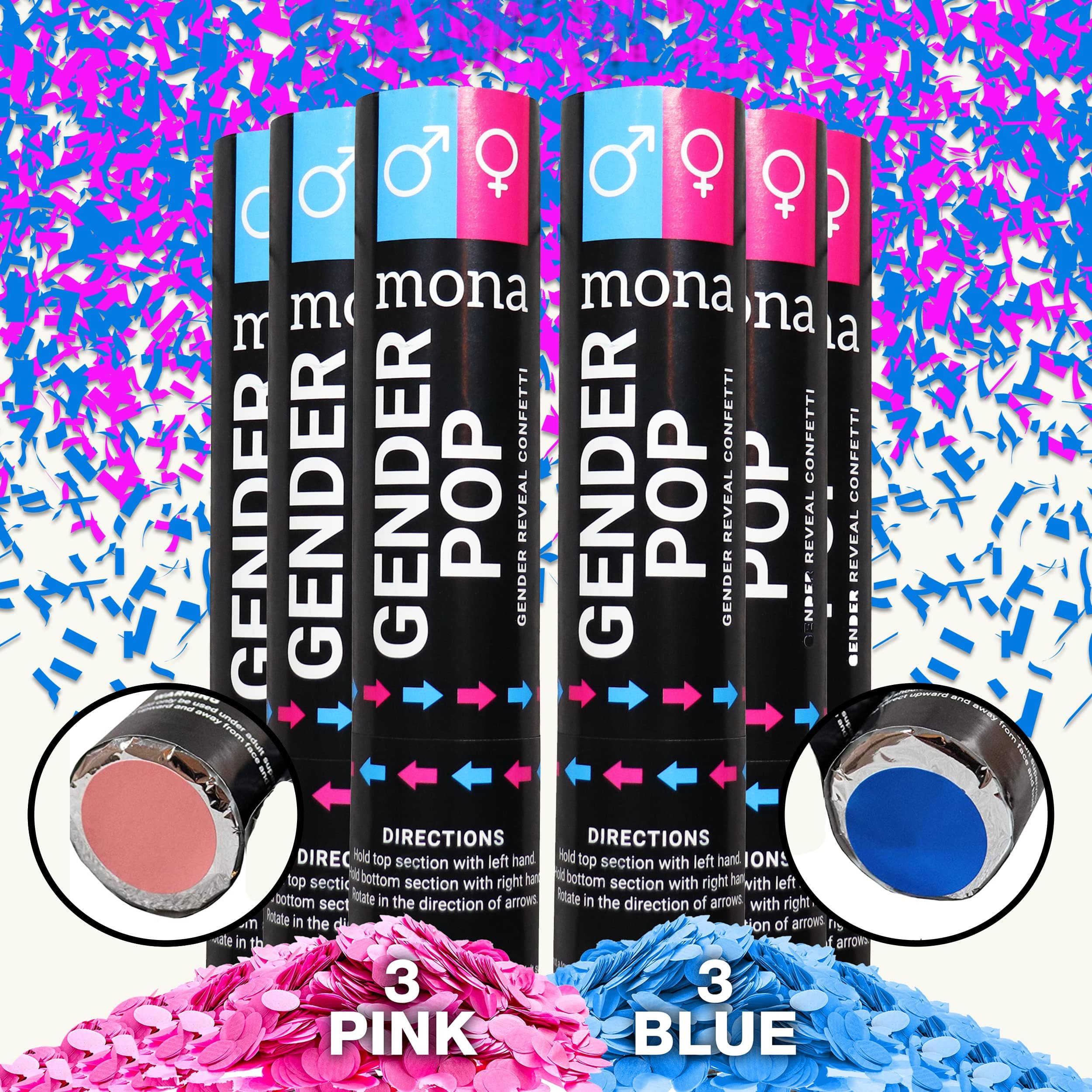 Mona Gender Reveal Confetti Cannon - 6-Pack (3 Blue, 3 Pink) - Gender Reveal Confetti, Baby Gender Reveal Party Supplies Kit, Great Gender Reveal Ideas