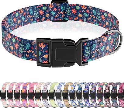 Seyezo Dog Collar, Cute Floral Puppy Collar for Boys Girls Small Medium Large Dogs, Adjustable Soft Pet Collar Fancy Flower with Quick Release Buckle for Males Females, Navy Blue Floral,XS