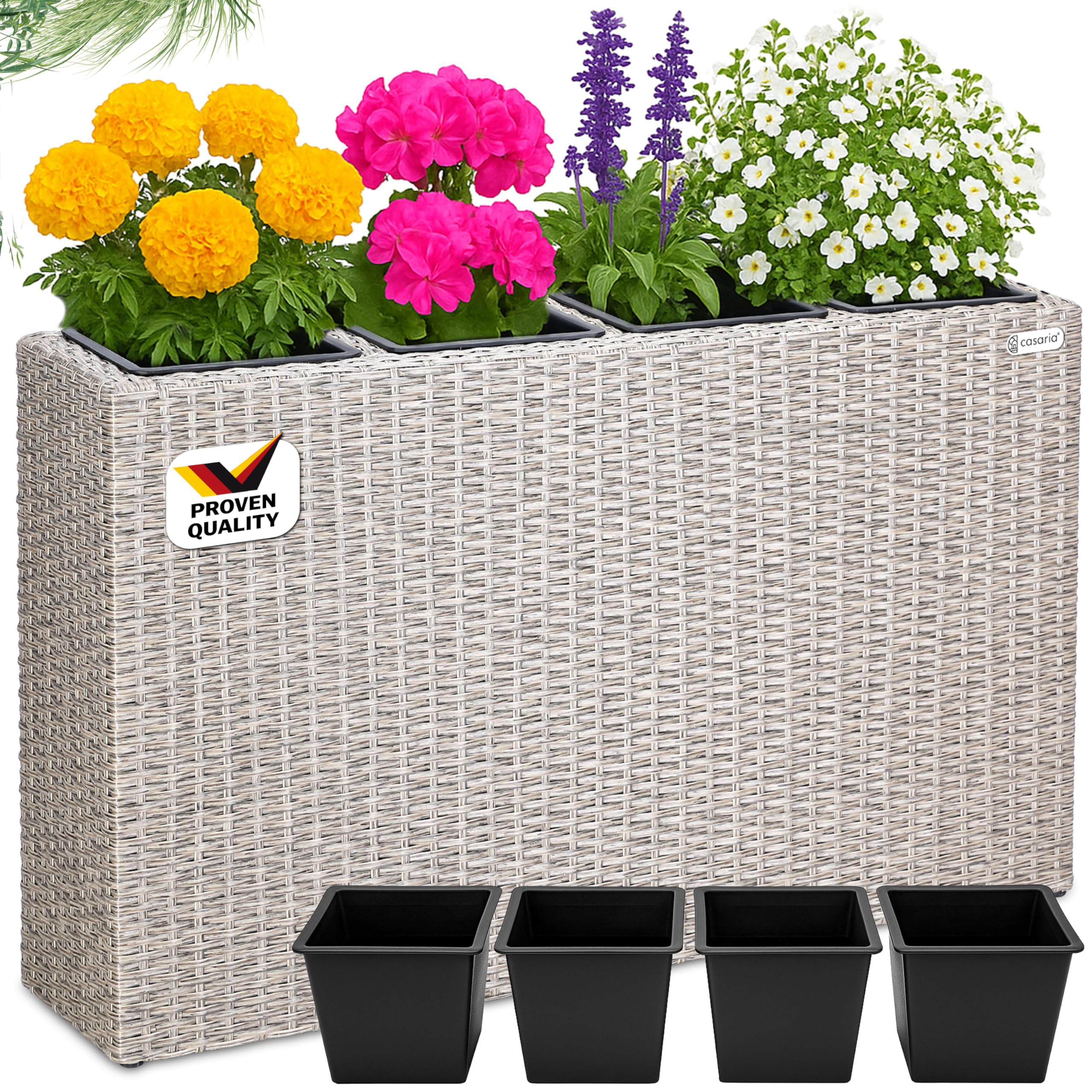 CASARIA® Flower Box | Large Tall Rattan Flower Pot Planter | 4 Removable Inner Plant Pots With Water Drain | Poly Rattan Mesh Trough Flower Box Planters Outdoor Garden | 95x27x60cm | Cream