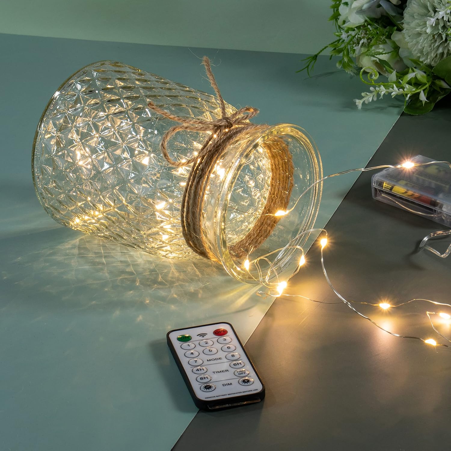 Artificial LED Green Rose Flowers with Glass Vase, Remote Control Led Light, Flower Arrangement for Table Centerpiece, Home Office Wedding Decoration - Image 5