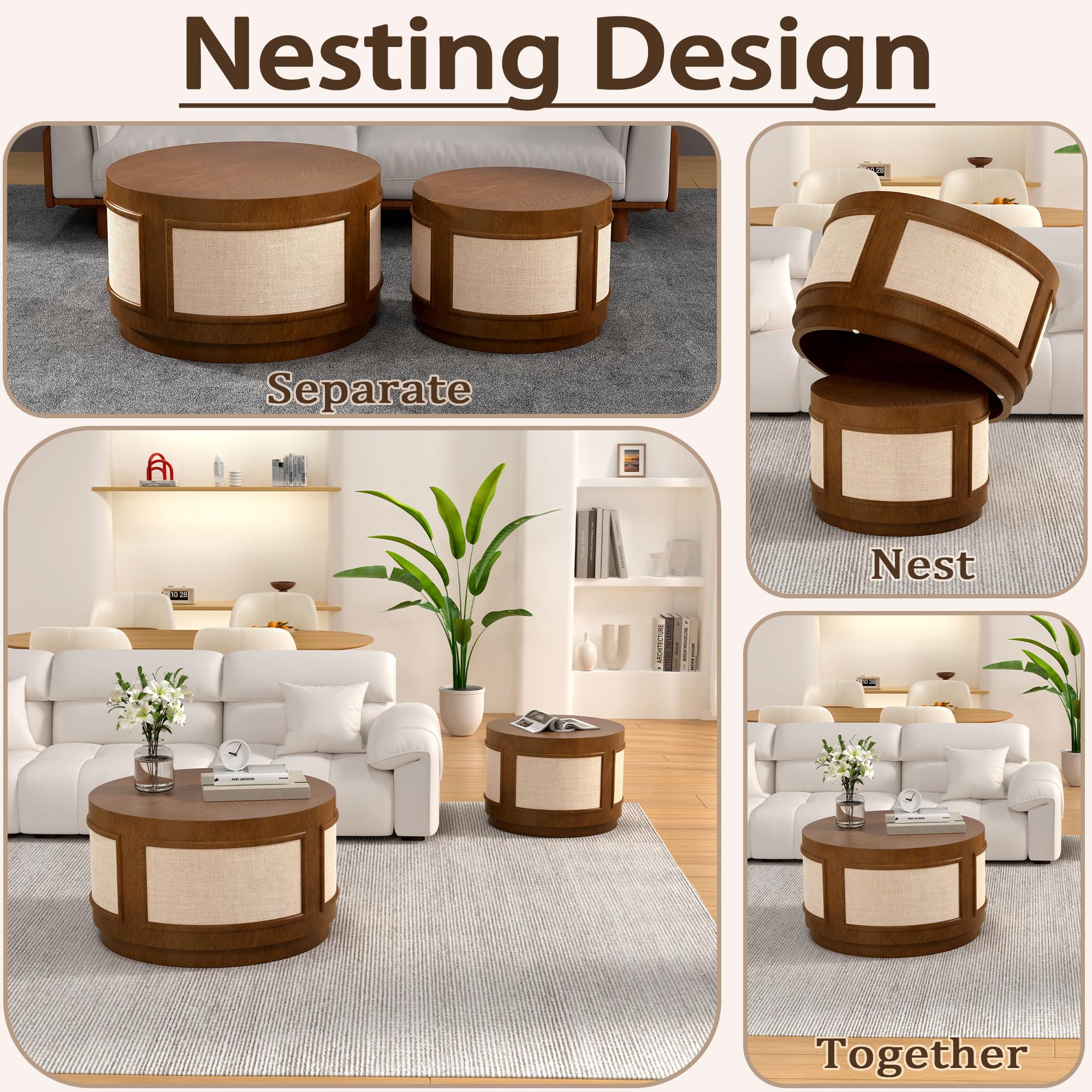 Modern Round Nesting Coffee Table Set, Round Mid-Century Coffee Table with Fabric Accent, Circle Drum Center Table for Apartment Small Space, Easy Assembly