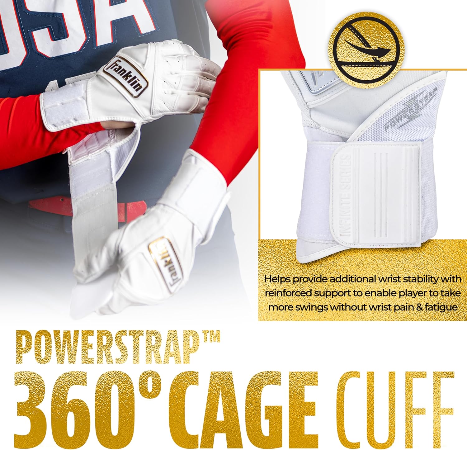 Franklin Sports USA Softball Batting Gloves - Infinite Powerstrap Women's Fastpitch + Softball Batting Gloves - Durable Full Wrap Cage Practice Gloves - Reinforced Wrist