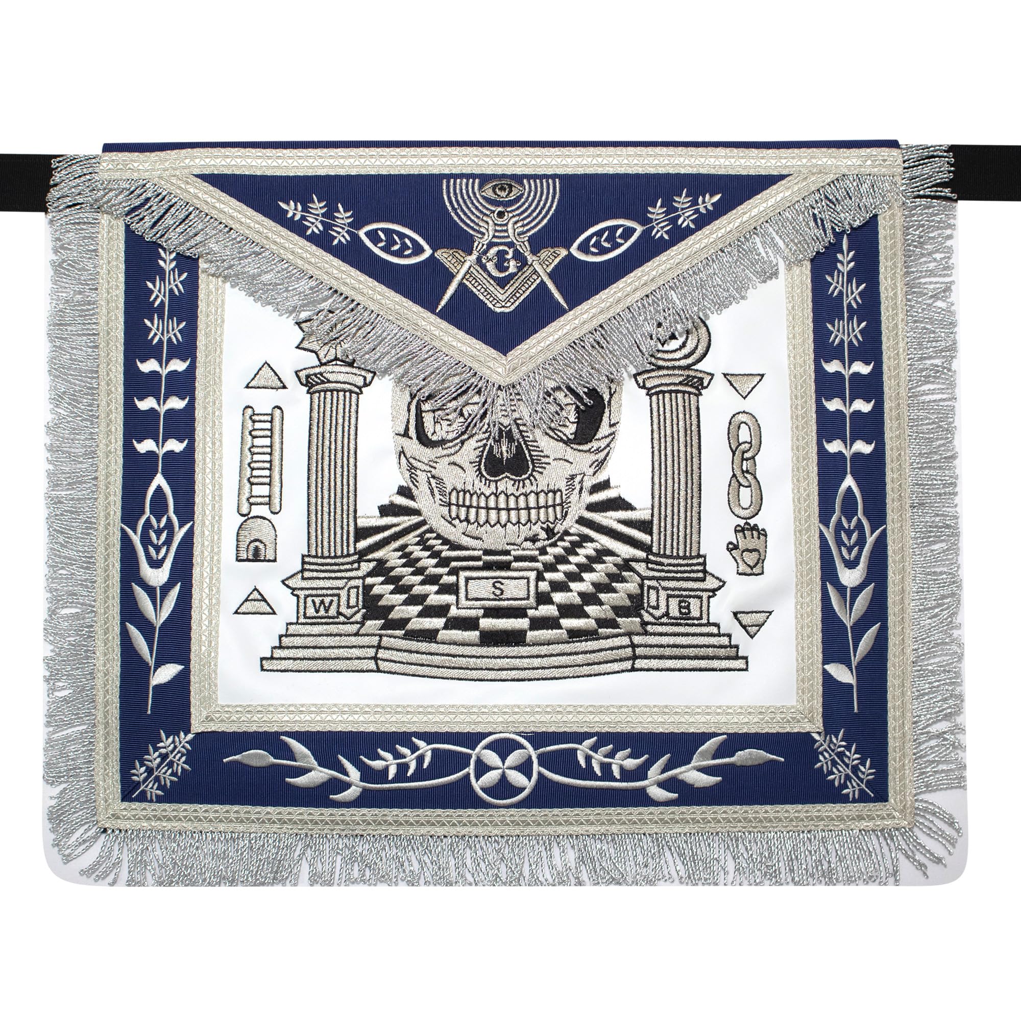 Masonic Master Mason Custom Apron With Skull, Pillars and Carpet Imitation Leather – Navy Blue Ribbon I Machine Embroidered (Silver)