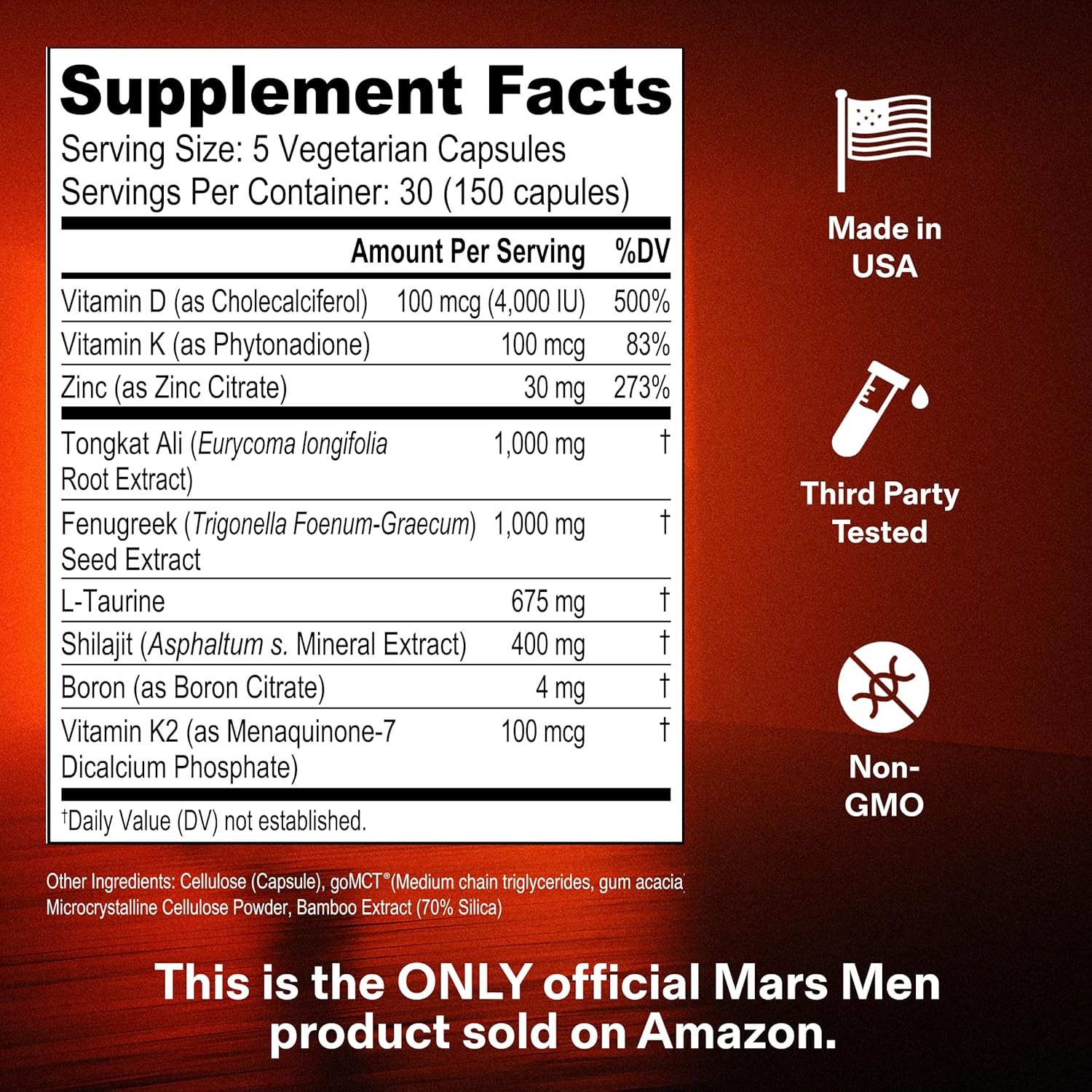 MARS MEN Booster for Men - Natural Supplement - Male Support - Libido, Energy & Muscle Growth Support - 30 Servings thumbnail