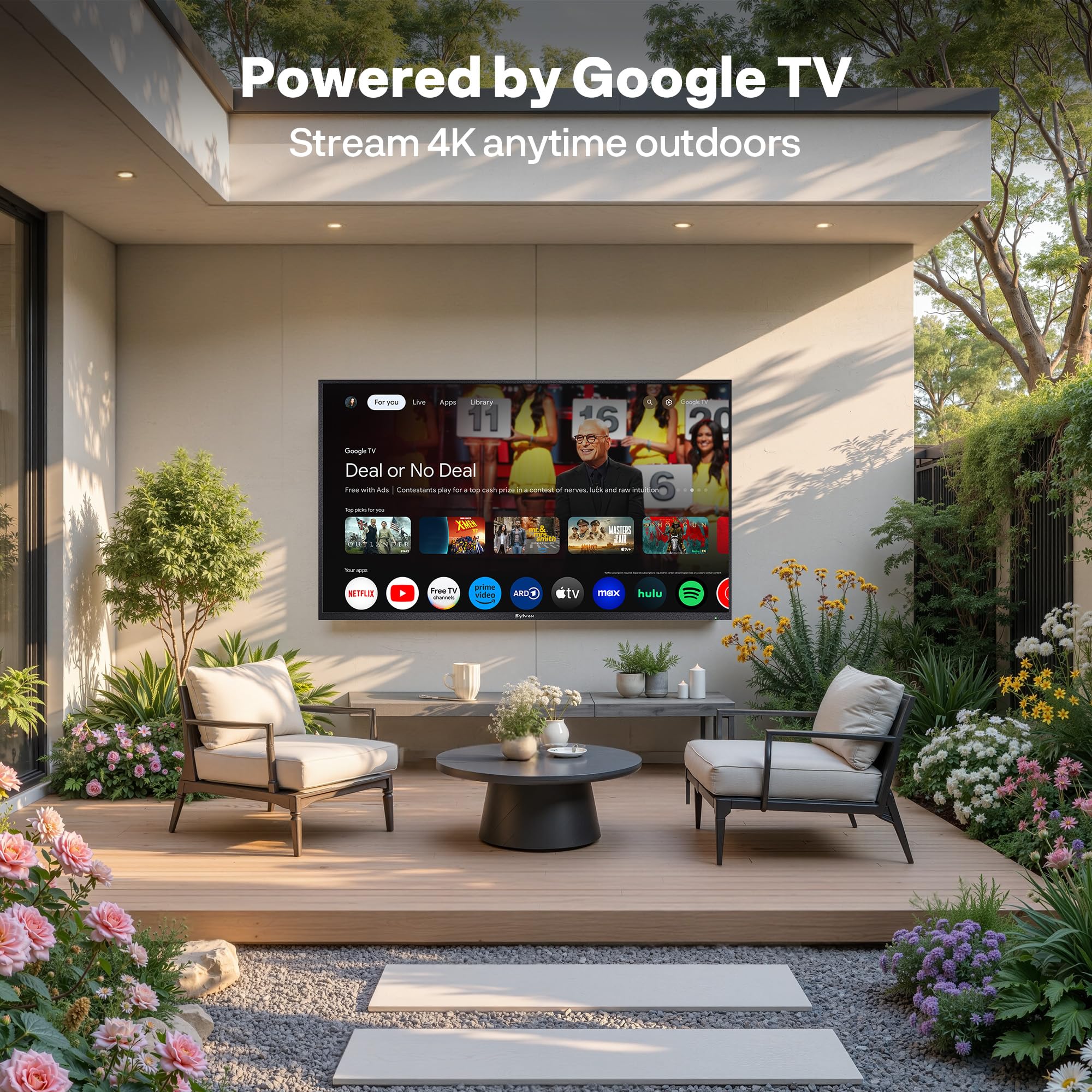 SYLVOX TV Exterior de 75", 120 Hz 4K Ultra HD, IP55 Waterproof, Outdoor Google TV, Dolby Atmos, WiFi 5G y HDMI 2.1, DVB-C/T2/S2, HEVC, Televisor Smart de 1000 nits Ideal para Gaming (Modelo 2025)
