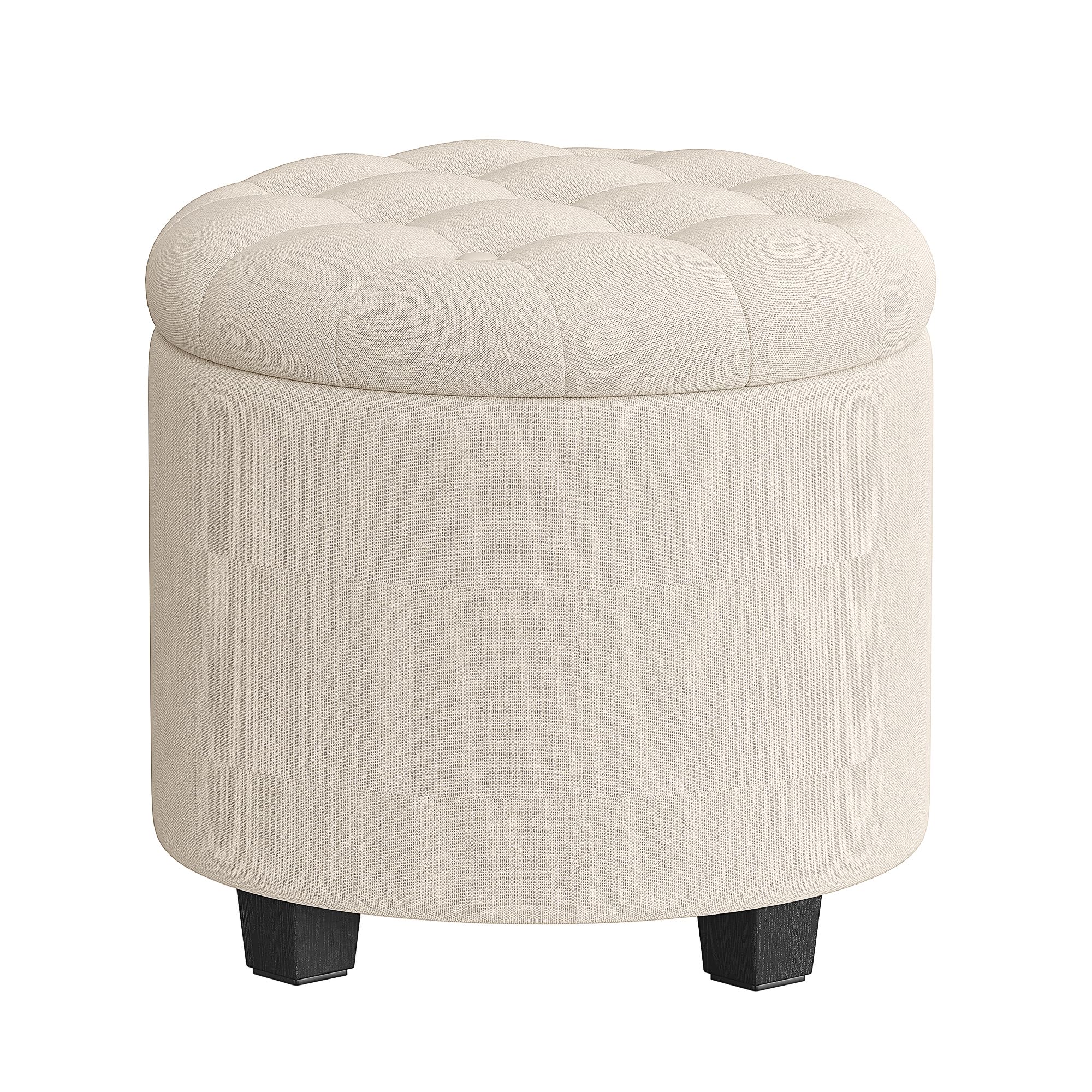 SONGMICS Sitzhocker rund, Fußhocker mit Stauraum, Schminkhocker mit Füßen, 45 x 45 x 44,5 cm, Leinenimitat, bis 150 kg belastbar, für Wohnzimmer Schlafzimmer, Hellbeige LOM011W01