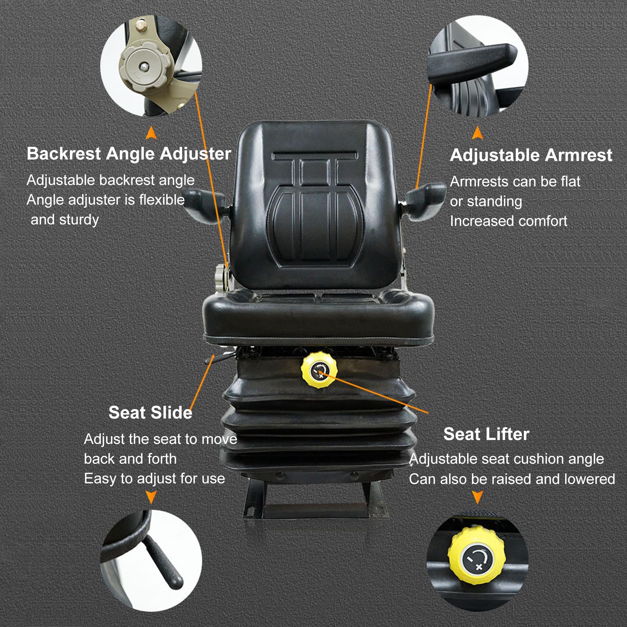 IPSU Asiento Universal para Carretilla Elevadora, Asiento De Tractor con Absorción De Impactos De 3 Niveles, Asiento De Excavadora De Cuero Plegable con Respaldo y Reposabrazos Ajustables