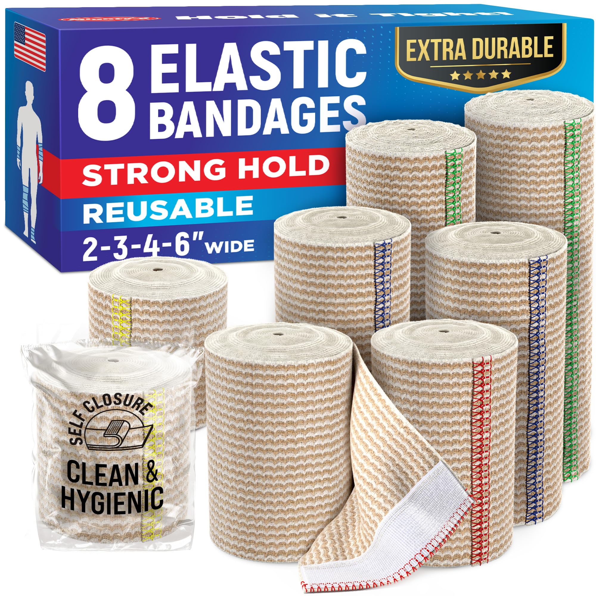 Mighty-X High-Performance Elastic Bandage Wrap - 8pk (2x2", 2x3", 2x4", 2x6”) Strong Self-Closing Compression Bandage Wrap - Foot, Ankle, Wrist, Knee, Body Wrap