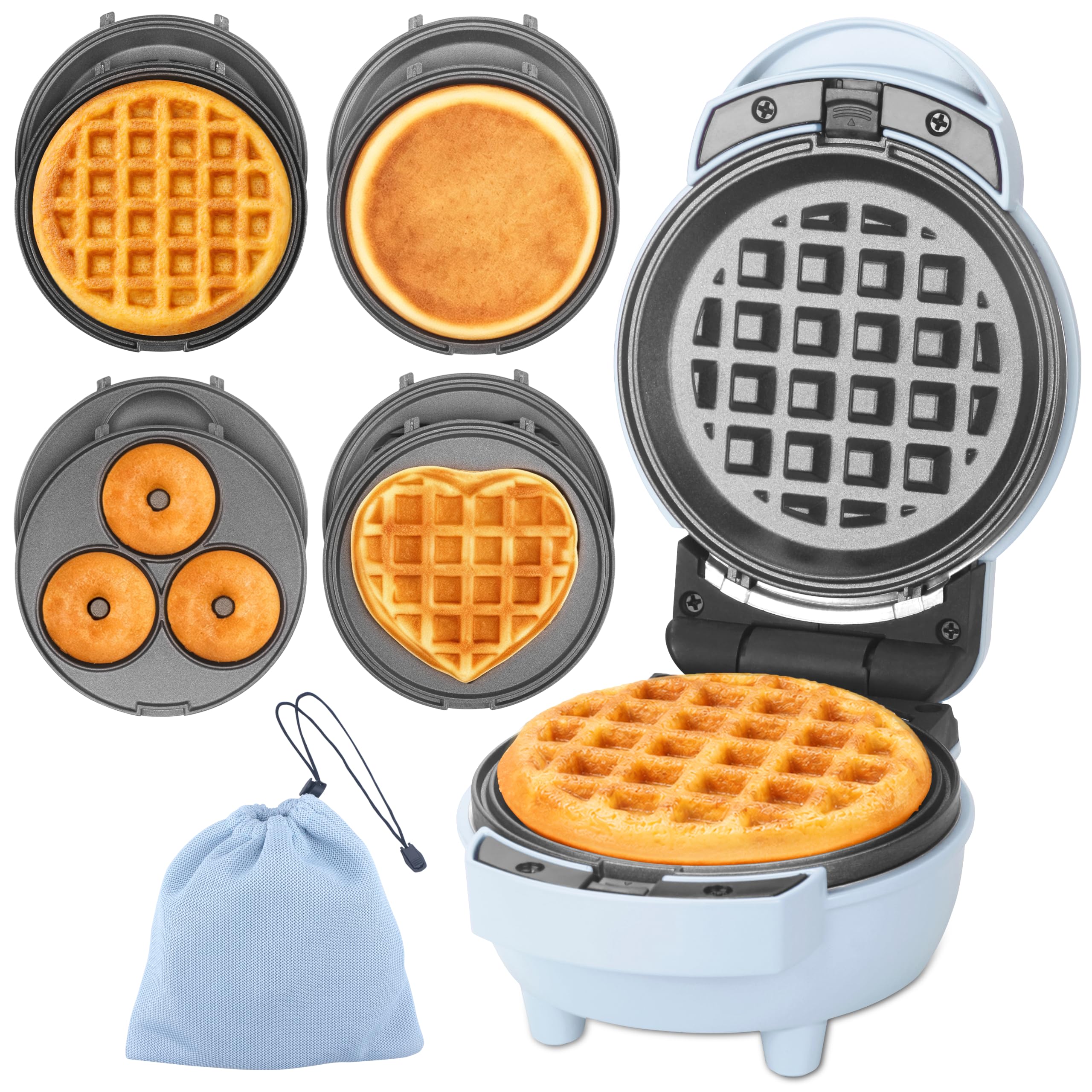 Baker's Friend 4 in 1 Mini Waffle Maker with Removable Plates, Set Includes Mini Pancake, Donut, Heart Shape Waffle Makers, Compact Size, Recipe Included, Blue