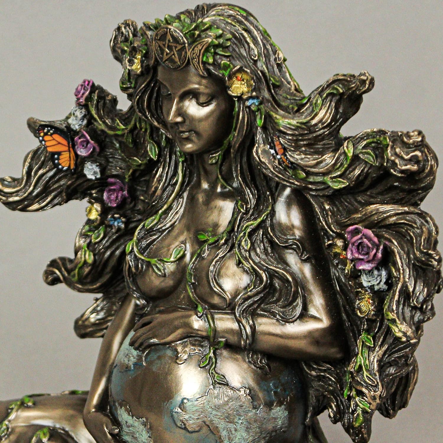 Veronese Design 6 7/8" Sitting Pregnant Mother Gaia with Butterflies Resin Sculpture Cast Bronze Finish