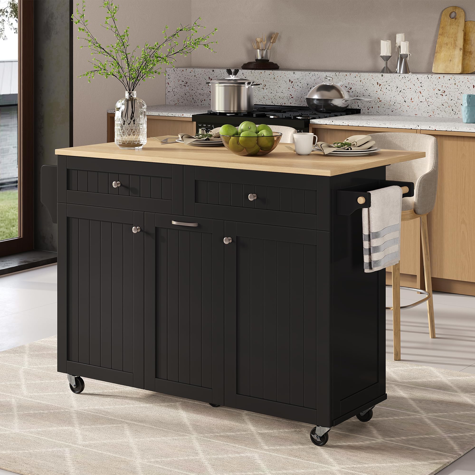 Isola da cucina mobile, carrello da cucina, tavolo da pranzo estensibile, armadio da cucina con ripiani regolabili a strati, scaffale per spezie e vari cassetti, 5 ruote, 140 x 40-70 x 92 cm