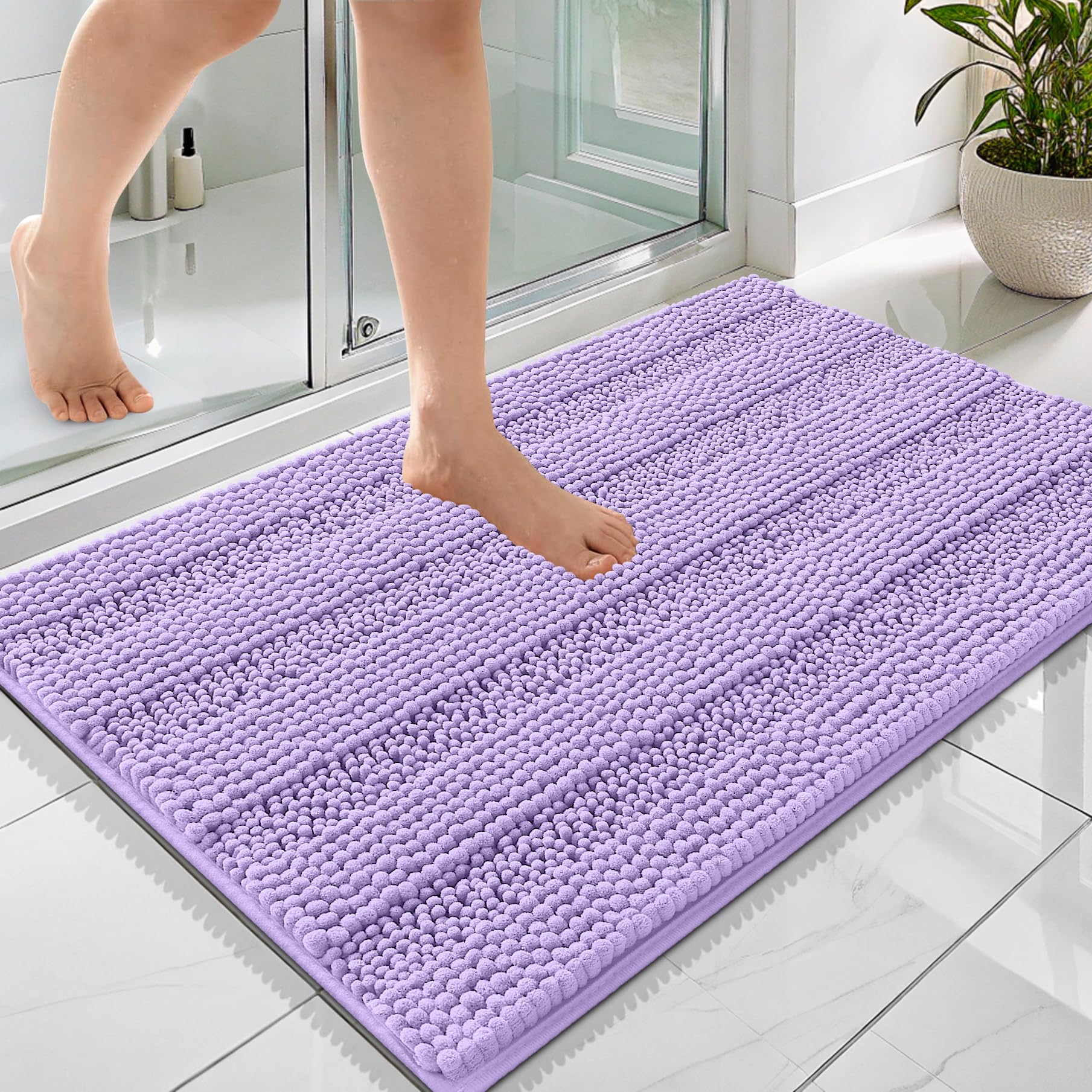 OLANLY Thick Bathroom Rugs 36x24, Soft Chenille Striped Bath Rugs, Lavender