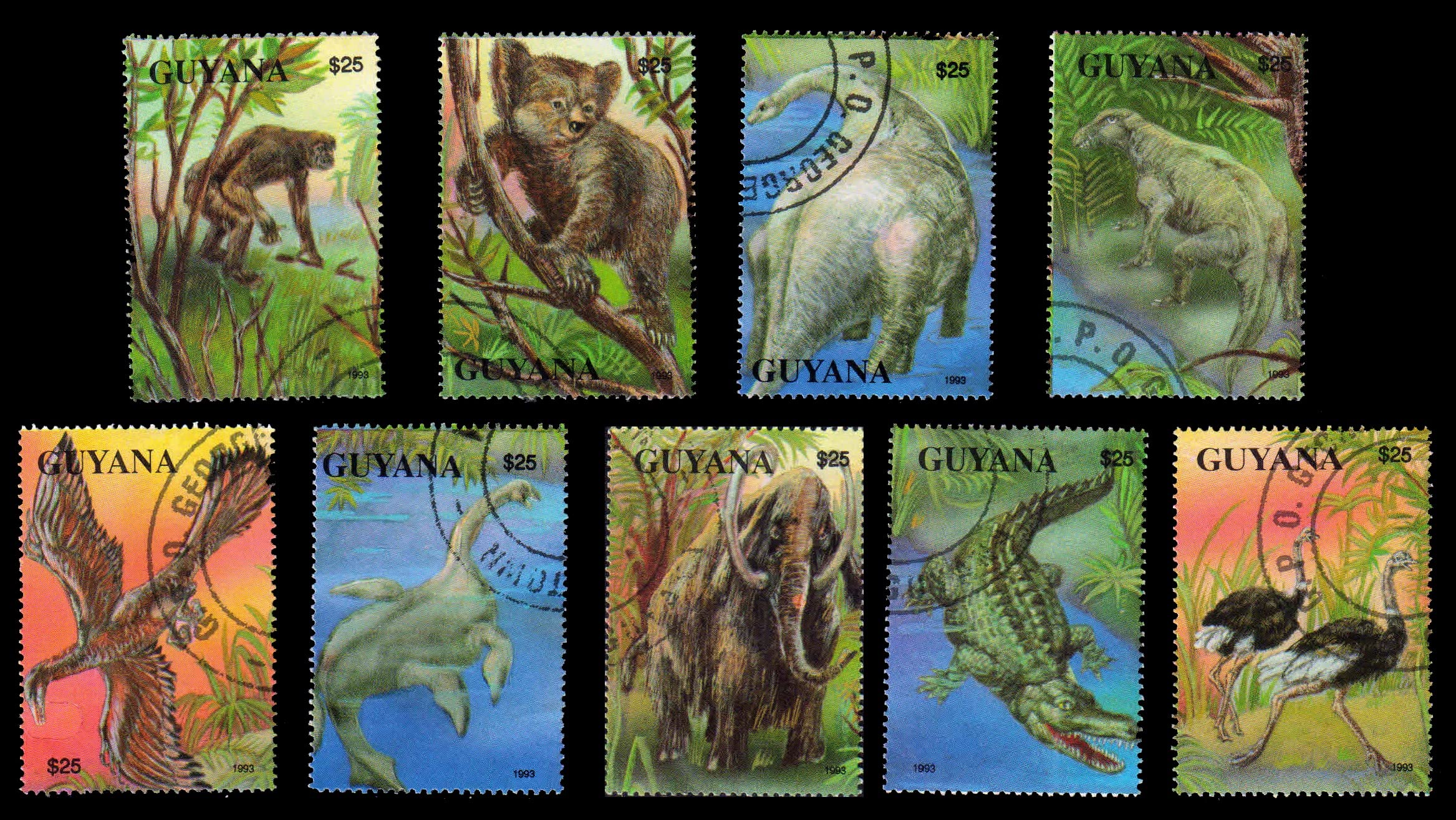 ISC~ Guyana 1993 Stamps- Pre Historic Animals, Dinosaurs On Stamps, Set of 9 Stamps, All Genuine Postage Stamps ~ Stampex