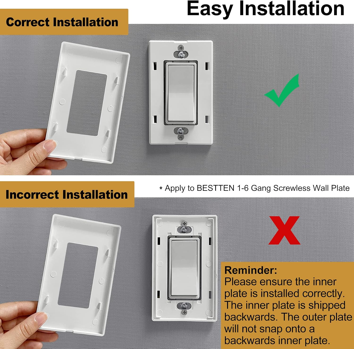 [2 Pack] BESTTEN 4-Gang Screwless Wall Plate, USWP4 White Series, Decorator Outlet Cover, H4.69” x W8.35”, for Light Switch, Dimmer, USB, GFCI, Receptacle