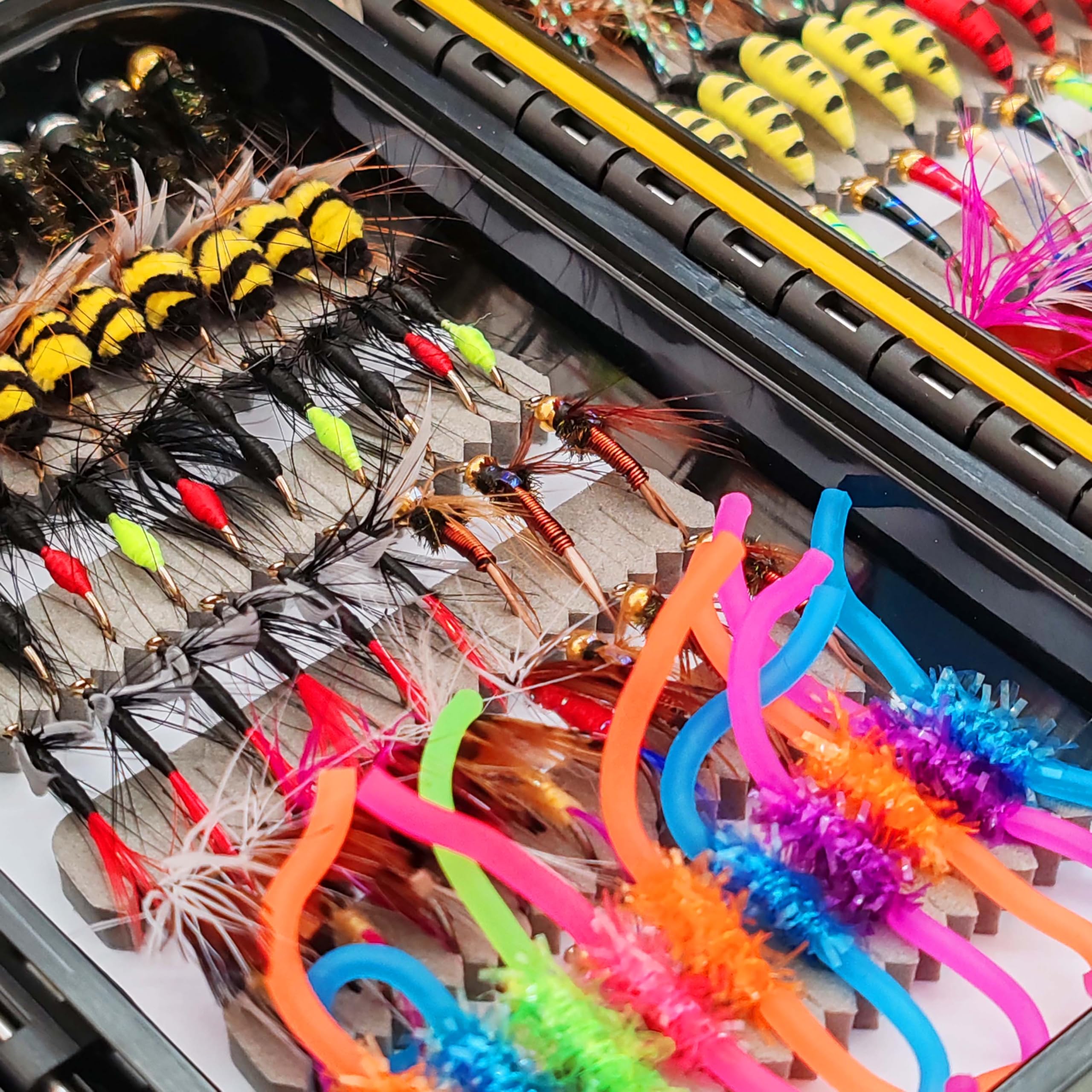 Fliegenfischen Fliegen Kit, 40/48/54/114Stück Künstliche Fliegenfischen Köder mit trockenen/nassen Fliegen, Streamer/Würmer/Motte/Nymphen Forelle Angeln mit Box