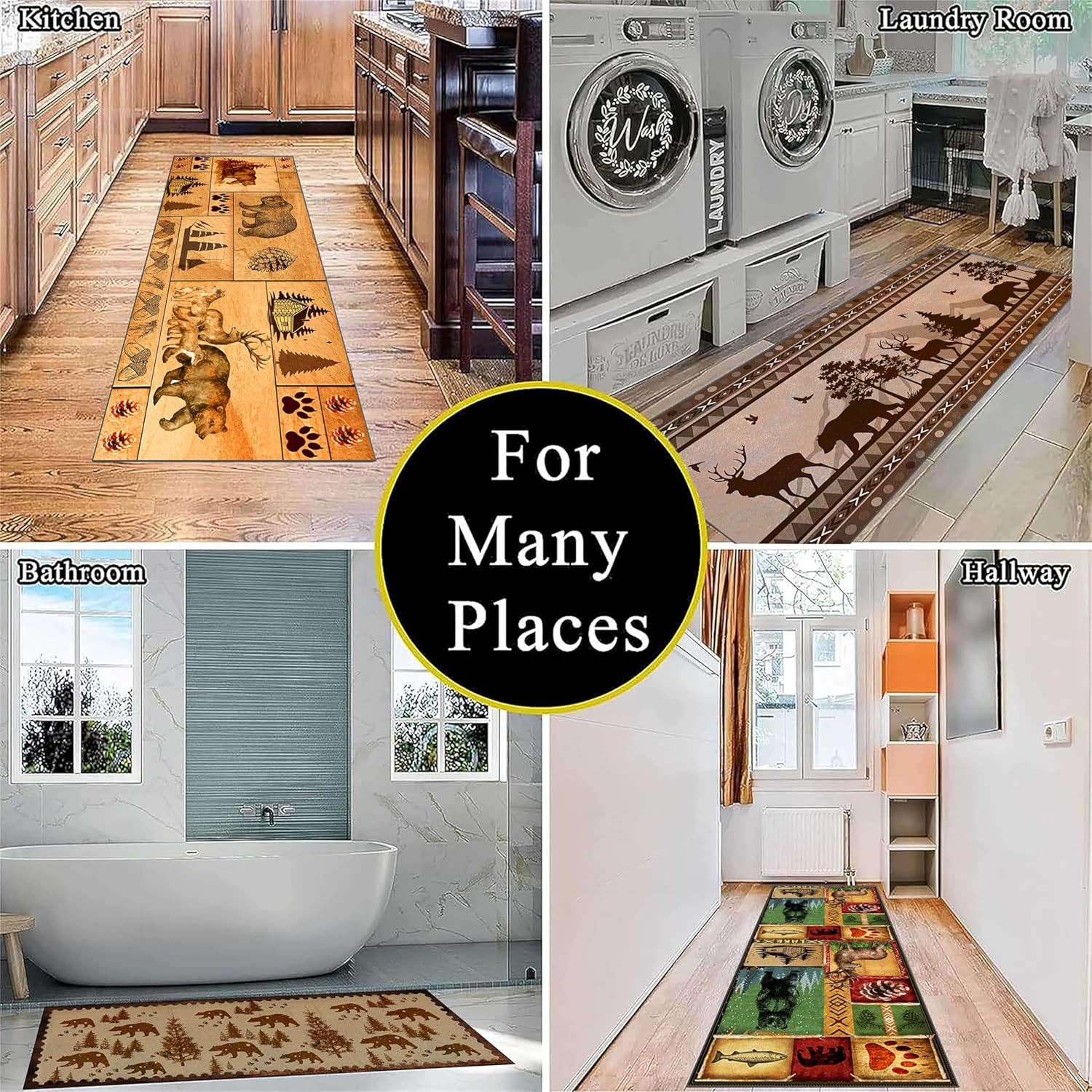Rustic Lodge Wildlife Long Distance Runner Rug Throwing Rug Bears Bear Claws Elk Area Rug Washable Hallway Rug Non-Slip Bathroom Runner Floor Mat Bedroom Laundry Room Entrance Mat 3x10ft