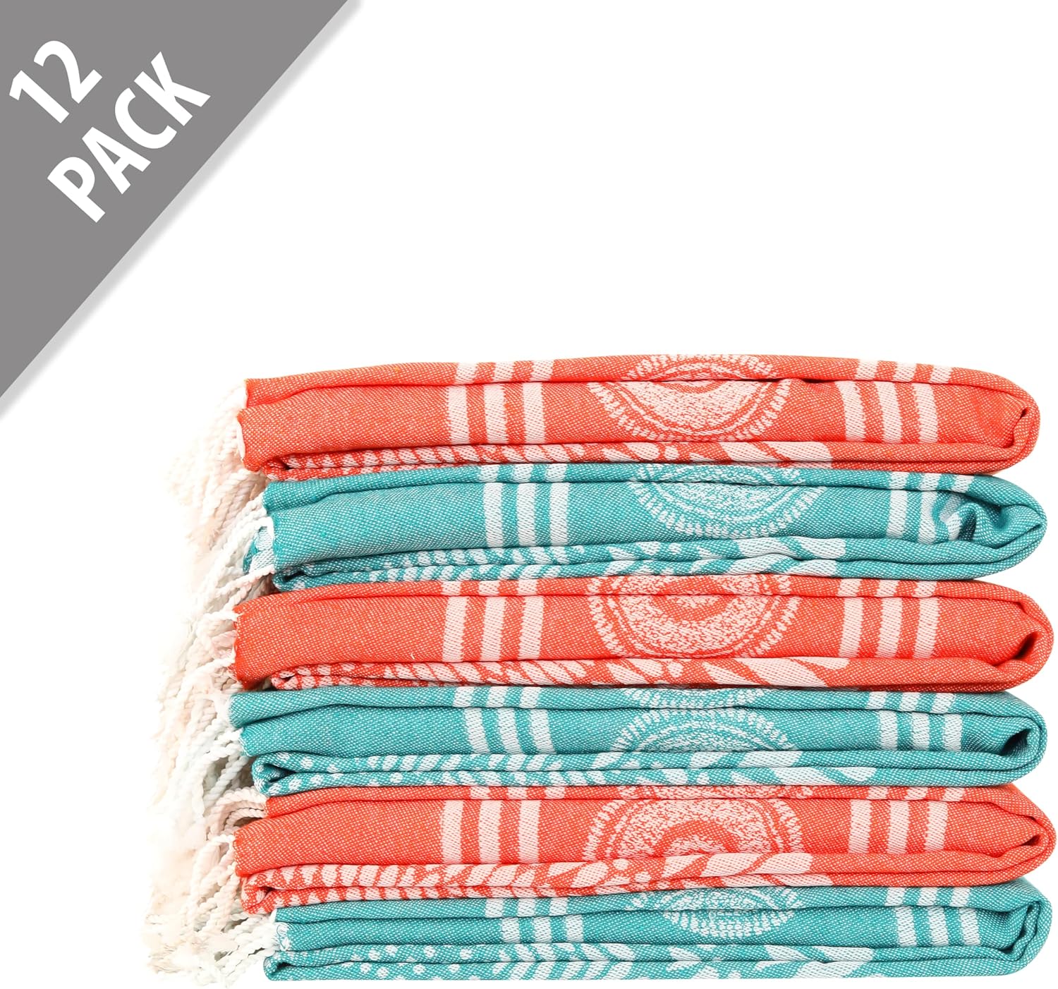 Organix 100% Cotton Turkish Fouta Beach Towel, 12 Pack(6 Pc each color), 28"x60", Sand Free Quick Dry Swim Towel, Extra Large Light Travel Towel for Adults, Soft Durable Absorbent - Orange & Aqua Blue