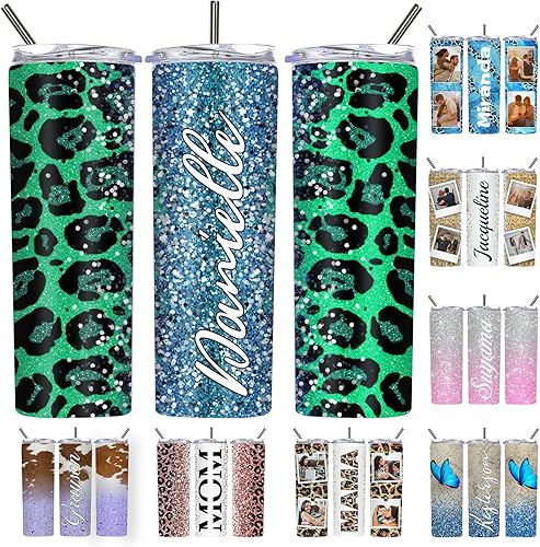 Miniatura 10 de Vaso delgado personalizado con estampado de leopardo con tapas y popotes nombres vasos de acero inoxidable personalizados imagen para mujeres