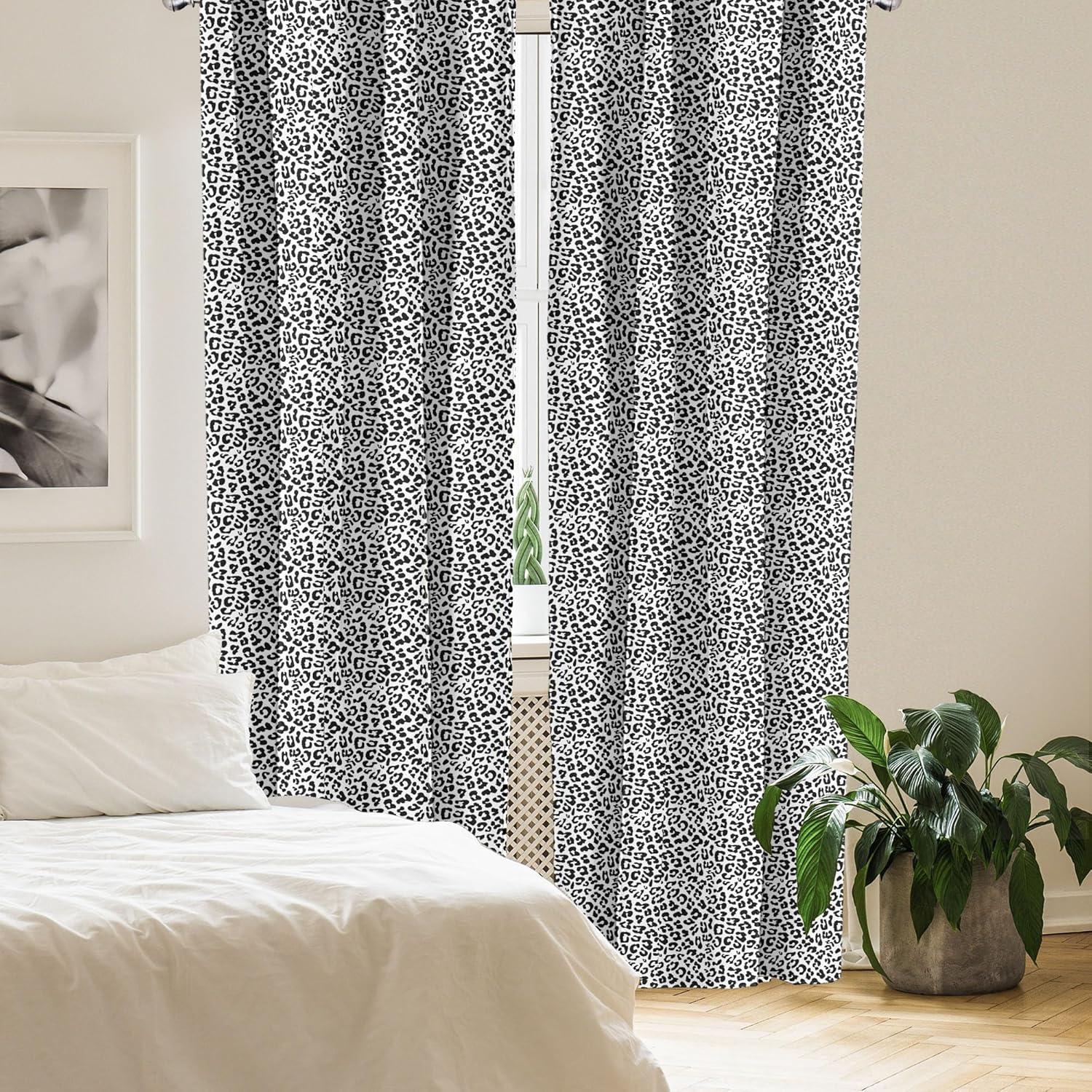 Ambesonne Leopard Print Window Curtains Pack of 2, Monochrome Graphic Style Wild Jungle Animal Abstract Skin Spots, Lightweight Set with Rod Pocket, 4 Panels of - 28" x 95", Black and White