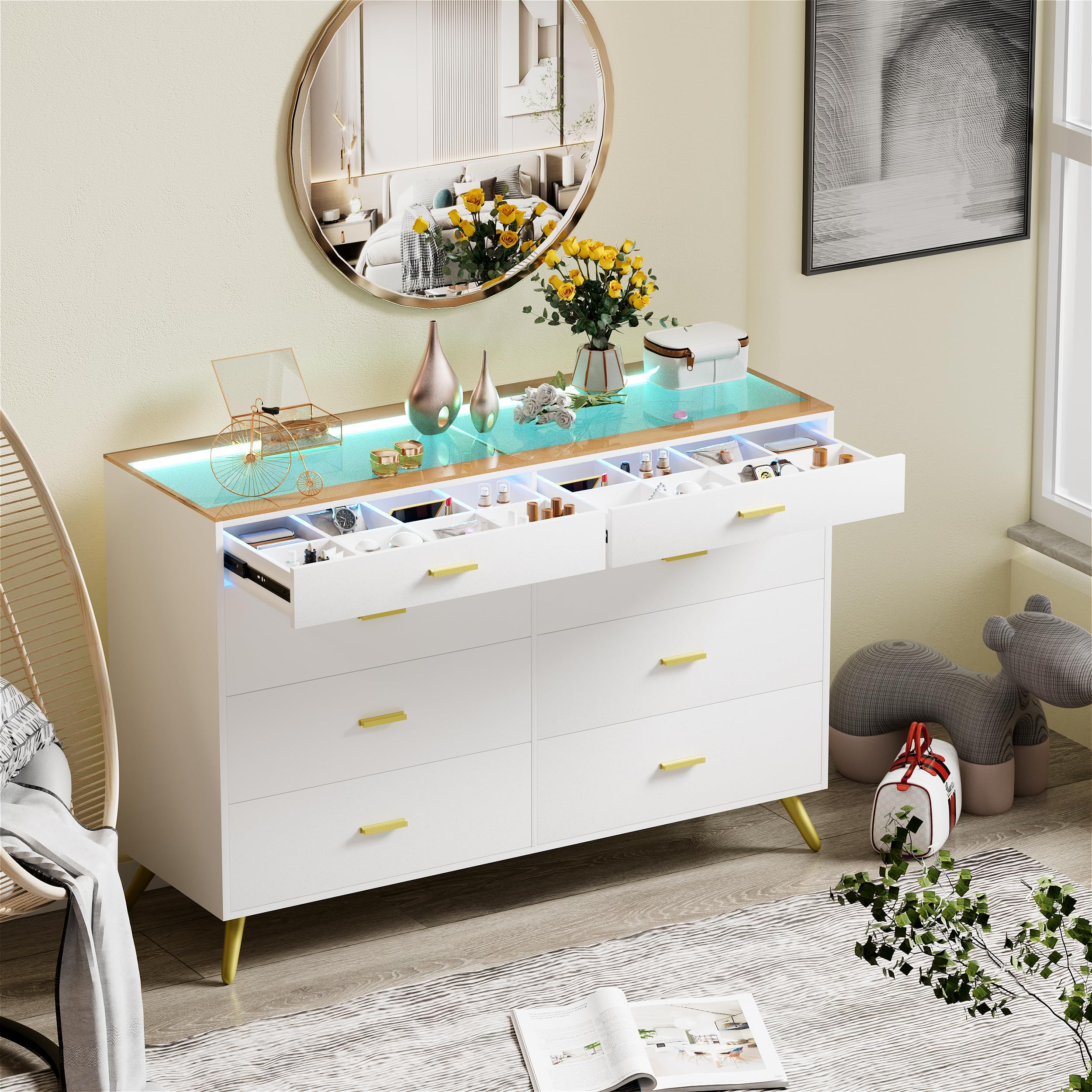 BOWERY HILL Modern 7 Drawer Dresser with 2 Hidden Jewelry