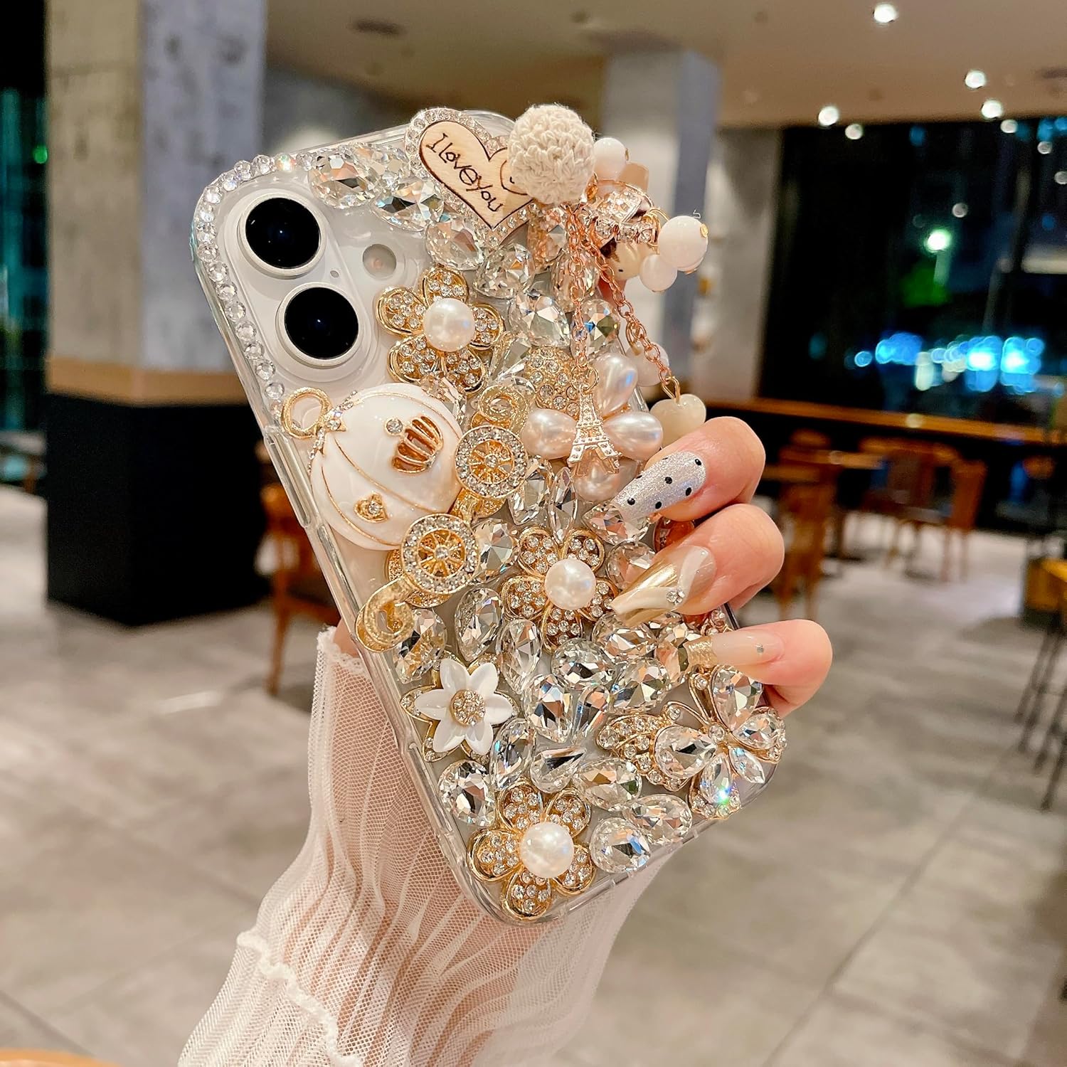 iFiLOVE for iPhone 17 Pro Max Bling Diamond Case, 3D Luxury Sparkle Glitter Crystal Rhinestone Butterfly Flower Pendant Charm Case Cover for Girls Women Kids (Clear) - Image 7