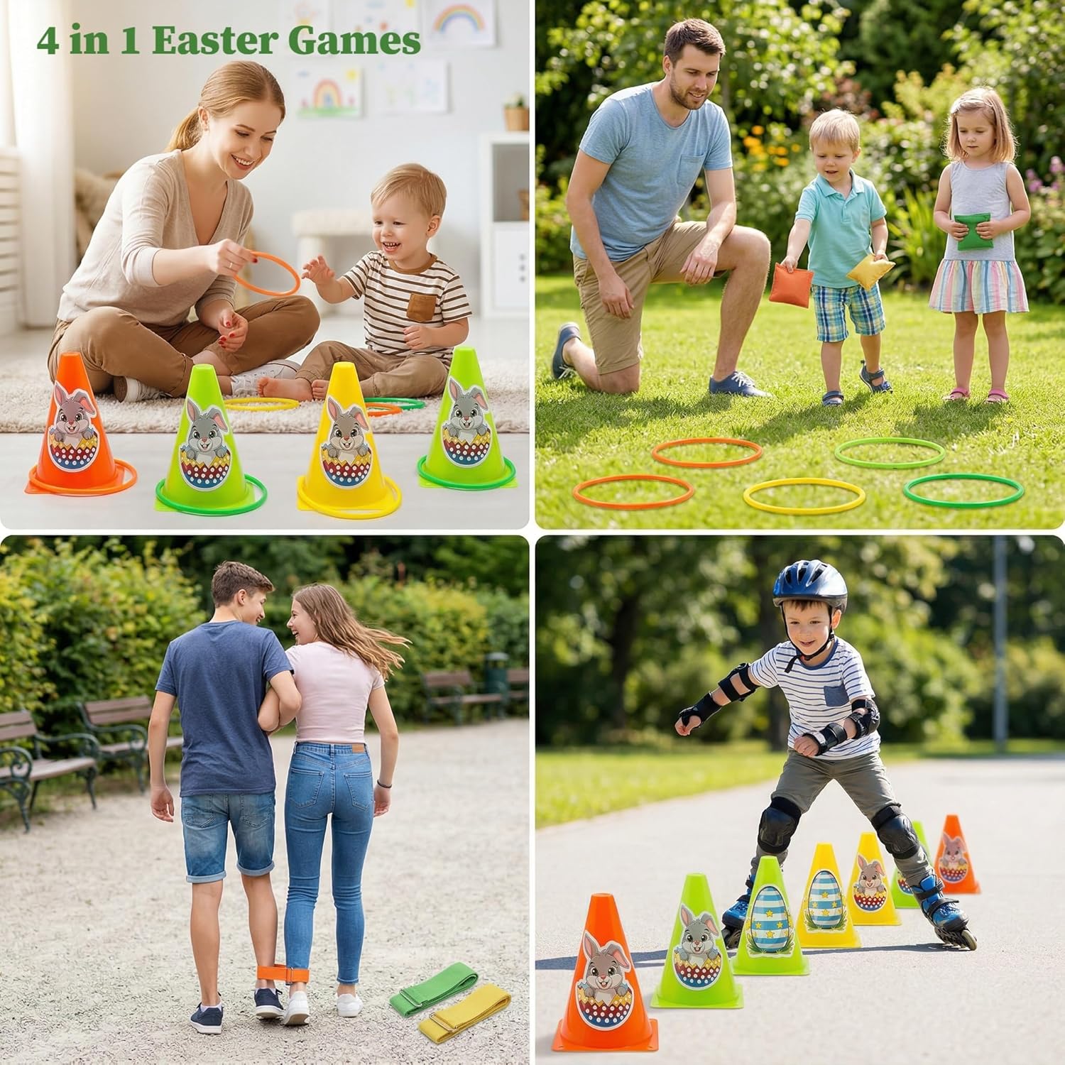 4-in-1 Plastic Carnival Party Games Set,Includes Ring Toss Games, Bean Bag Toss Games, Cones & 3-Legged Race Games, Sports & Outdoor Game Toys for Backyard, Birthday & Family Party