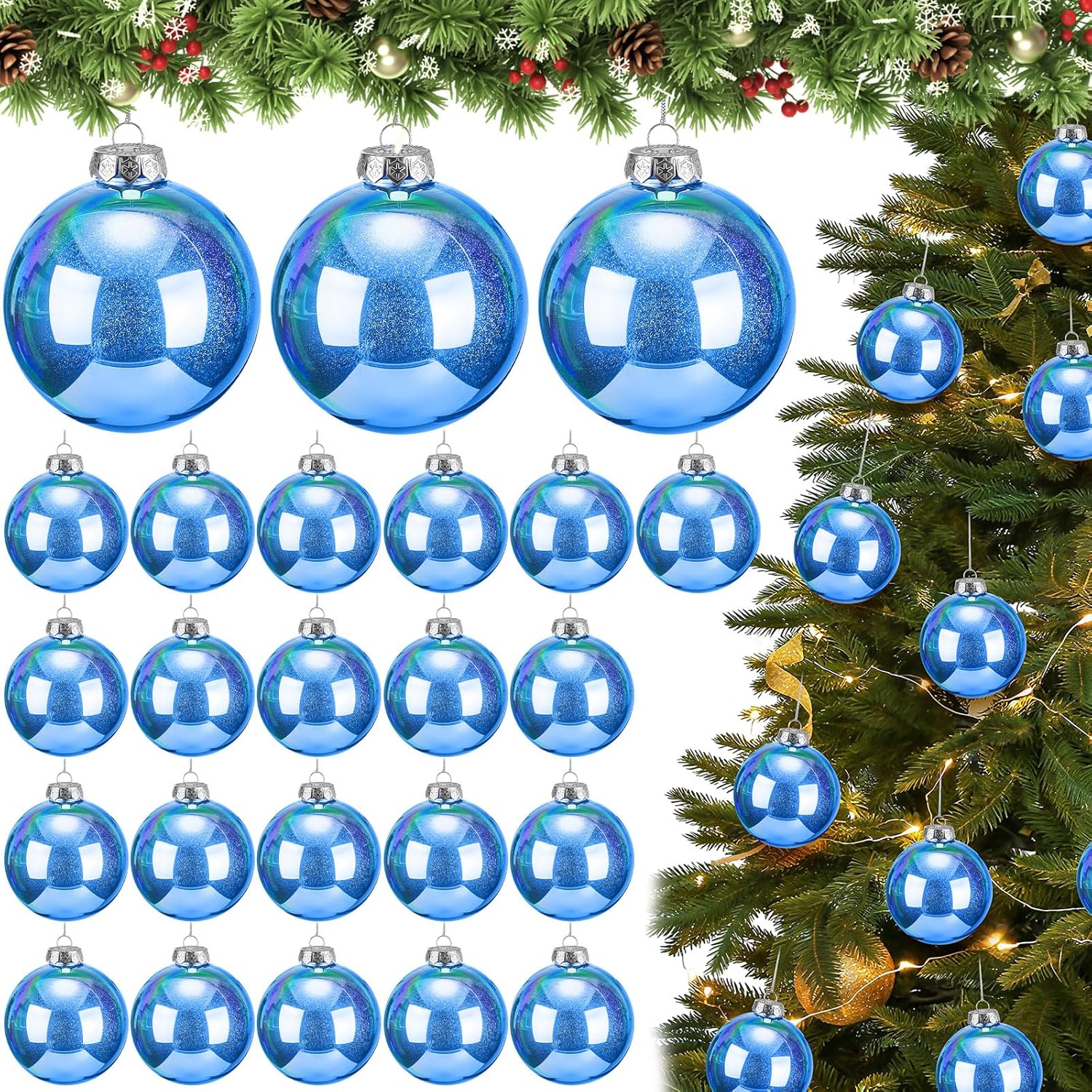 Wettarn 24 Pcs 4 Inch Glittering Christmas Balls Fantasy Plastic Shiny Christmas Iridescent Ornaments Balls for DIY Crafts Hanging with Lid and Rope for Xmas Tree Party Decor(Sapphire)