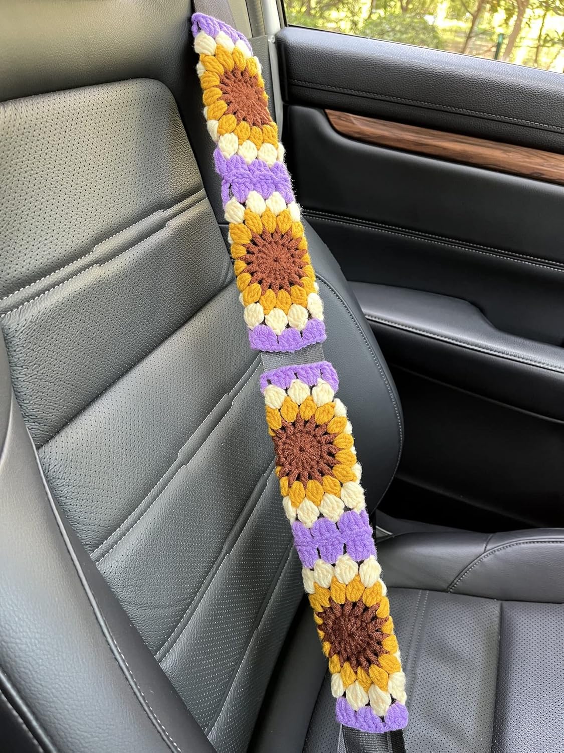 Handmade Crochet Sunflower Car Steering Wheel Covers Purple Color Universal 14-15 inch for Women/Men (Wheel Covers+2belt Covers+2Car Coasters+Strawberry)