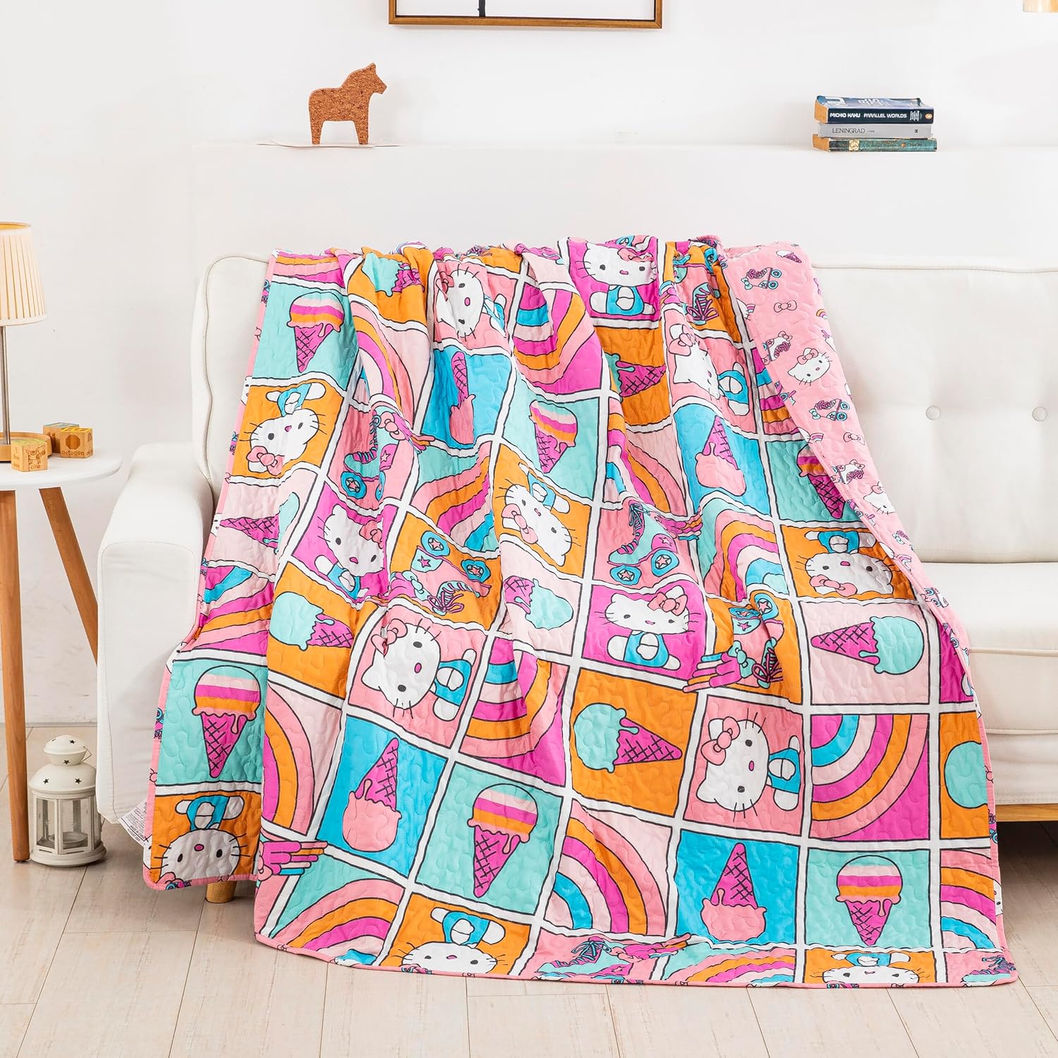 Northwest Hello Kitty Rainbow Pink Twin Quilted Blanket, Comfy Couch Throw, Adults Boys Girls, All Seasons Blanket, 60 x 90 inches